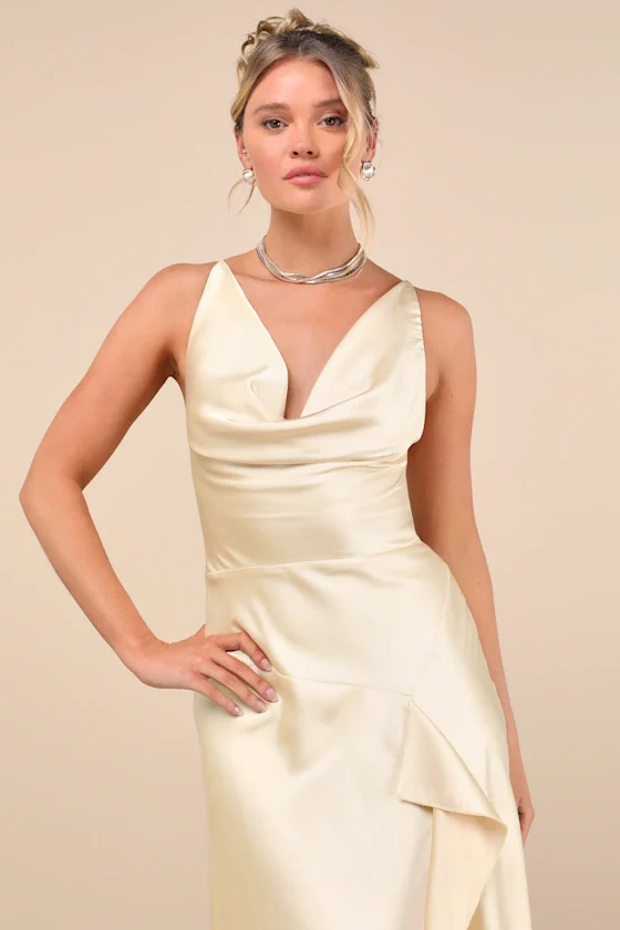 Evette Pale Yellow Satin Cowl Ruffled Handkerchief Midi Dress