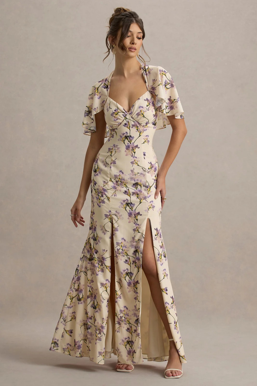 Talia | Lemon Floral Print High-Neck Split Maxi Dress With Bow