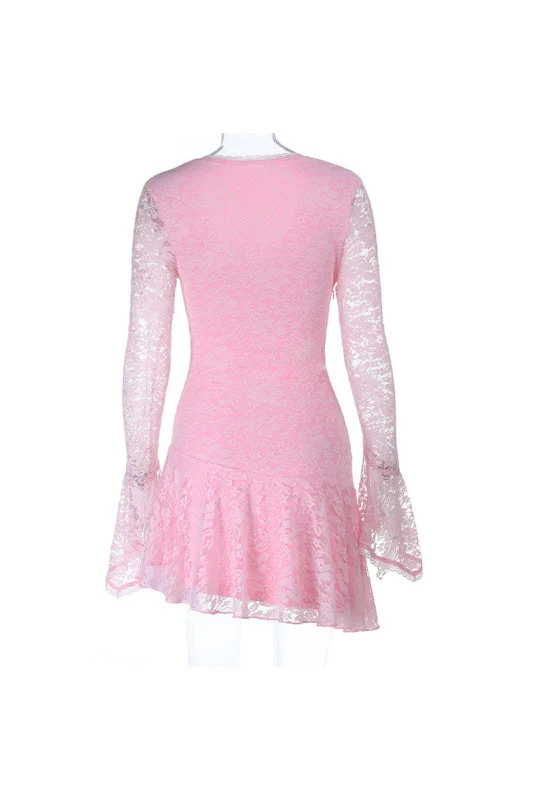 Long Sleeves Pink Lace Short Dress