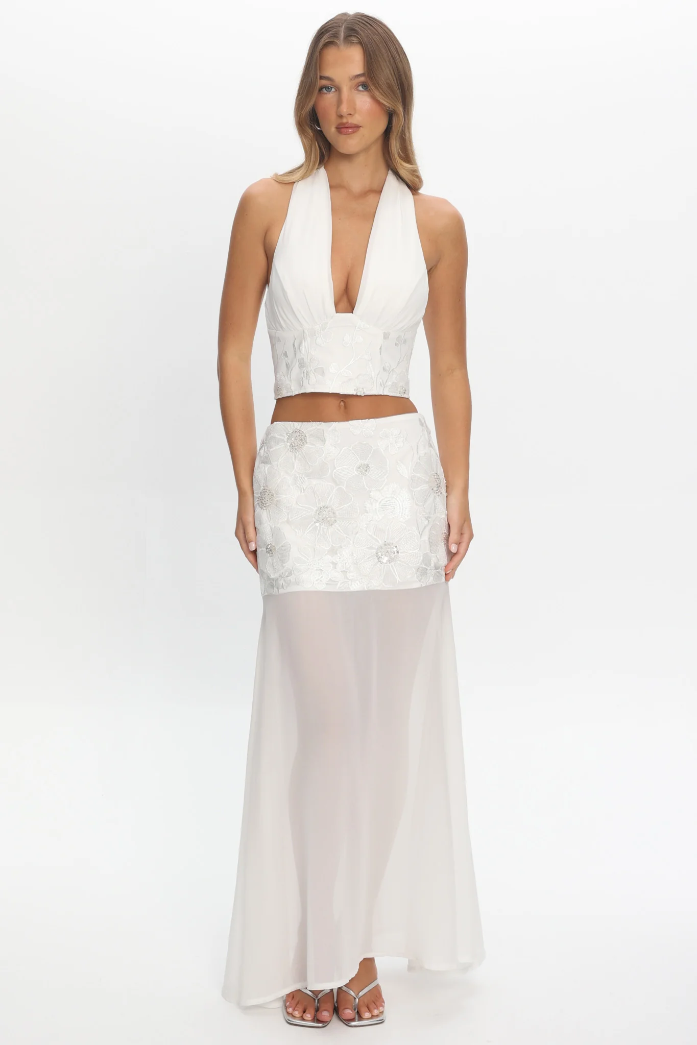 Opulent Halterneck Top Embroidered Off White