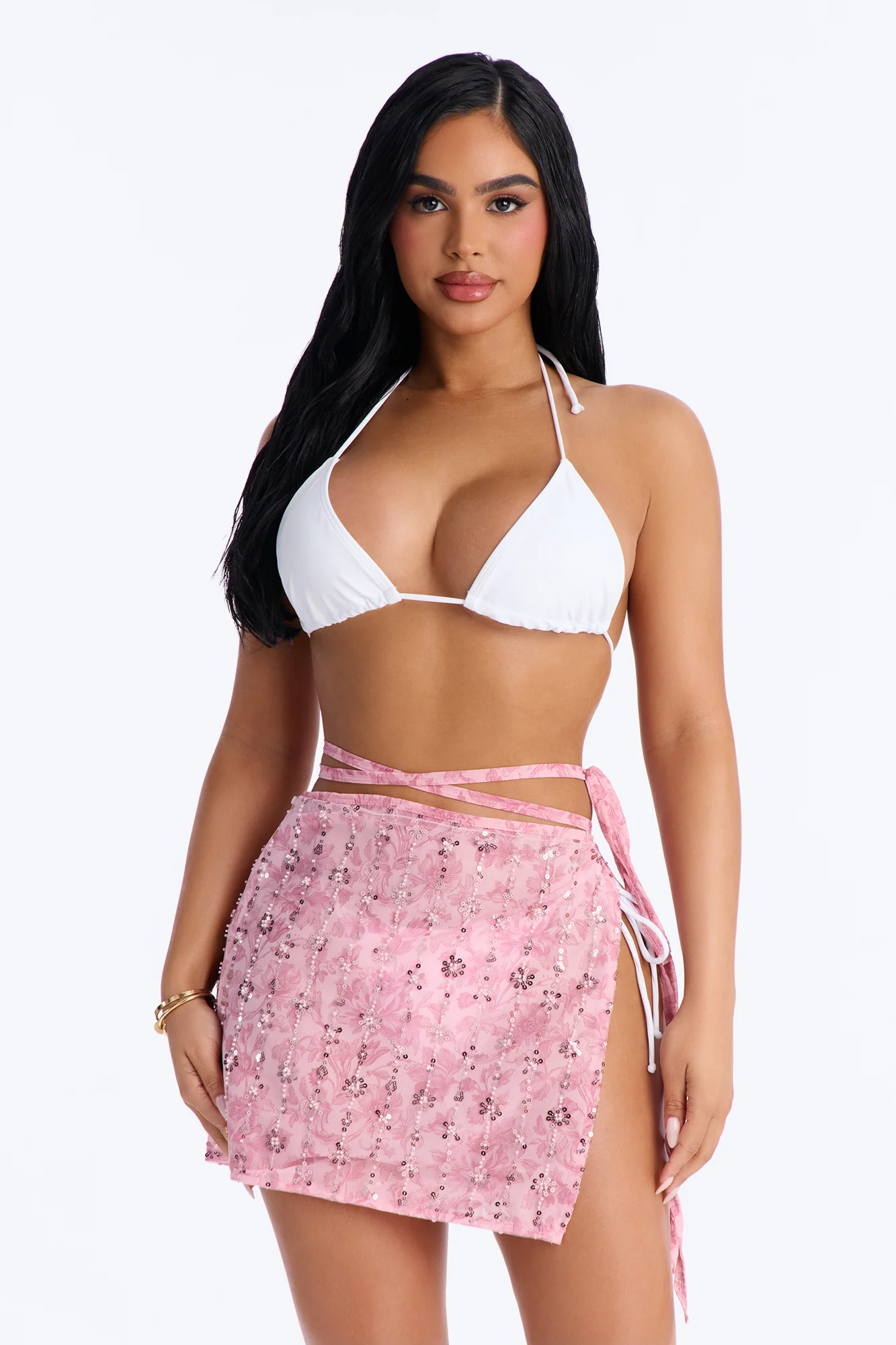 Salt Water Embellished Floral Sequin Trim Strappy Waist Tie Swim Cover Up Skirt - Pink
