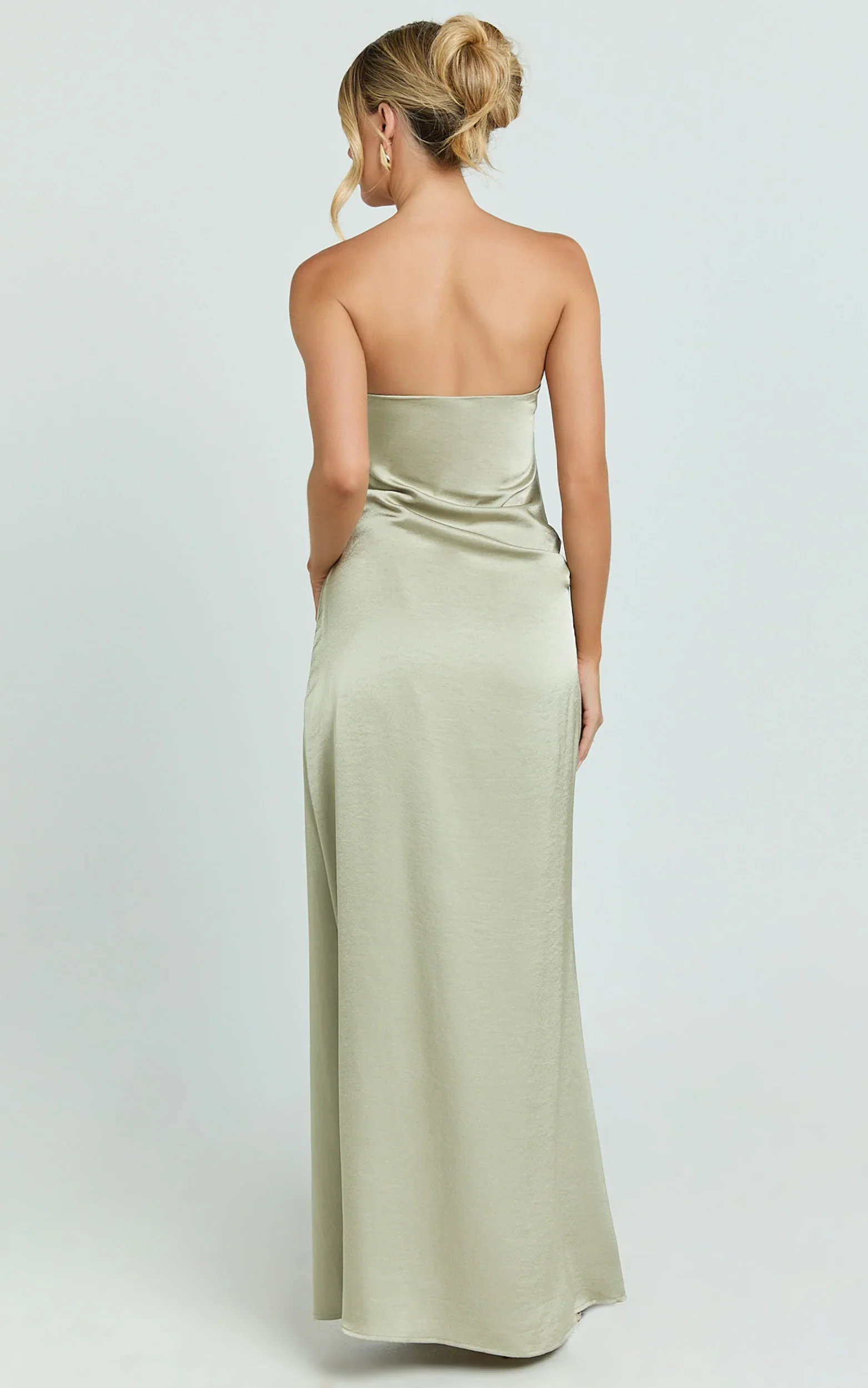 Laurie Maxi Dress - Strapless Draped Satin Dress in Light Olive