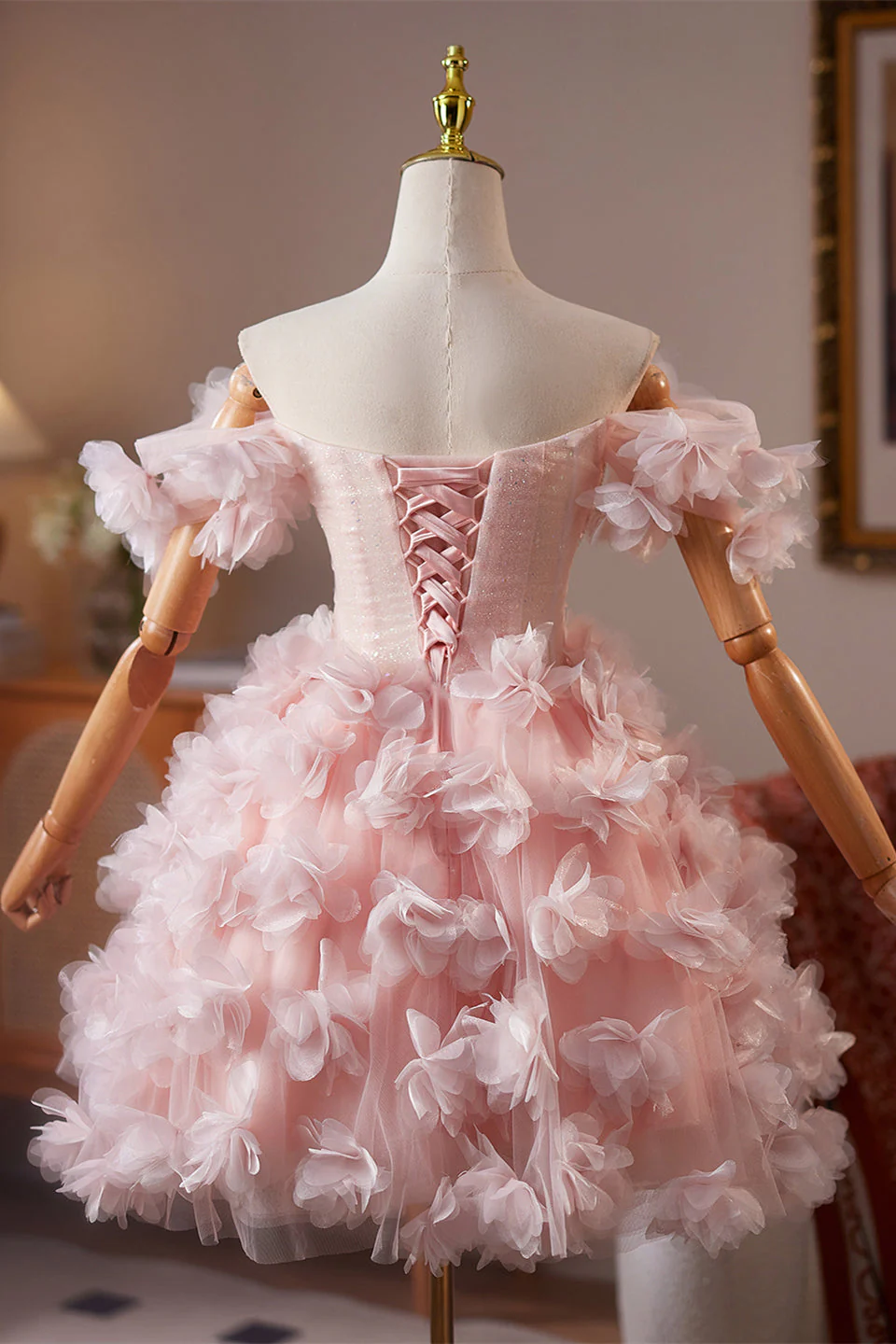 Off the Shoulder Pink Floral Short Dress with Beaded