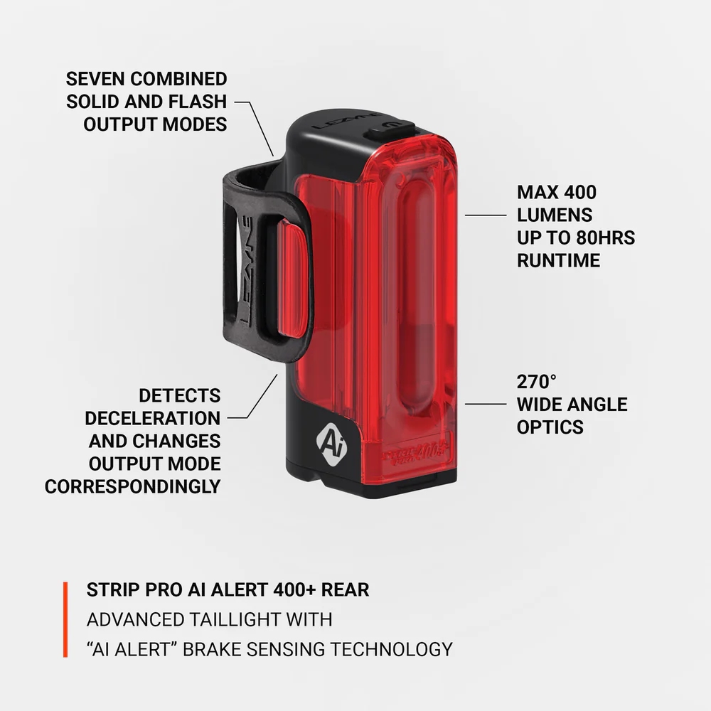 Lezyne Strip Pro Ai Alert 400+ Rear Light + Brake Light - w/o StVZO - black