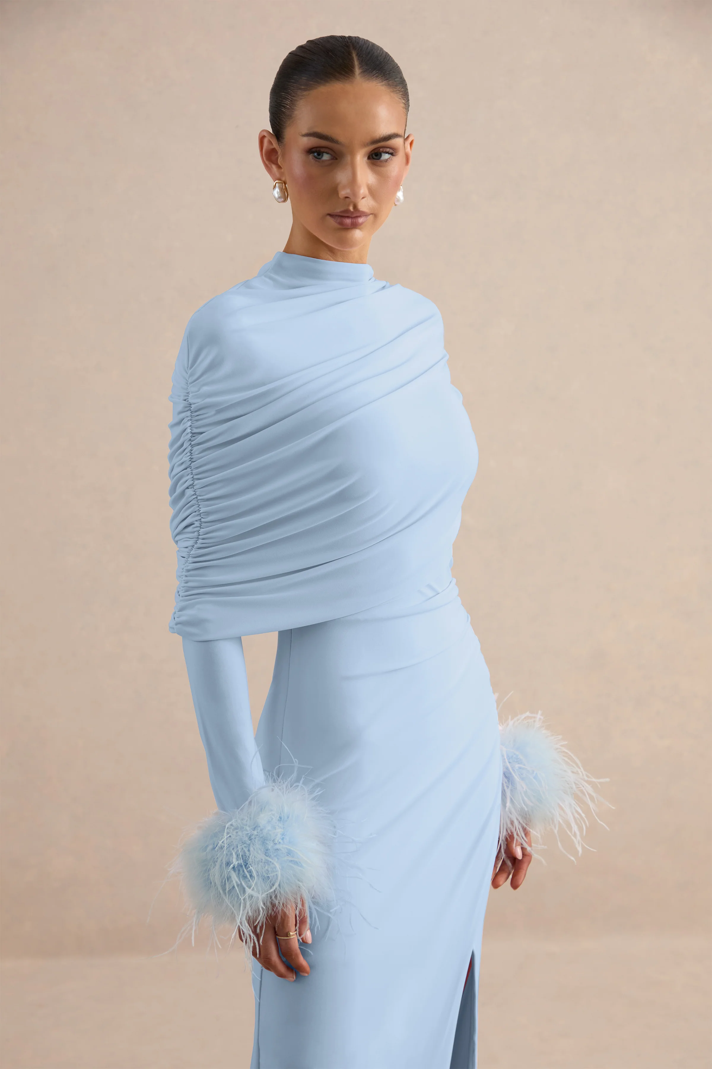 Gatsby | Light Blue High-Neck Maxi Dress With Feather Trim Cuffs