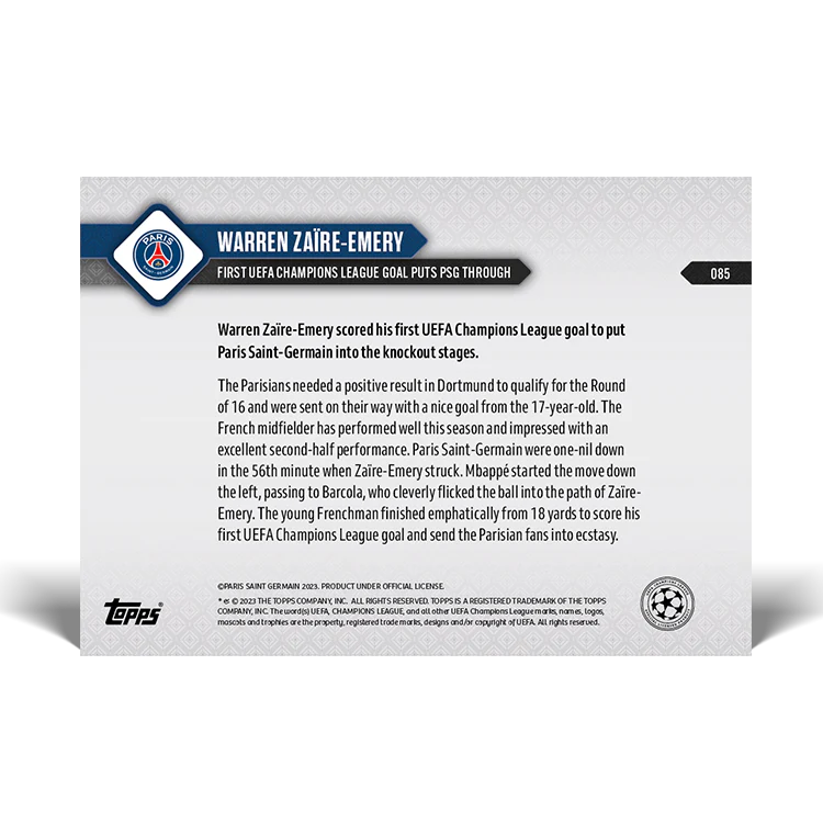 Topps UK - Warren Zaire-Emery - First UEFA Champions League goal puts PSG through - UCL TOPPS NOW® Card #85