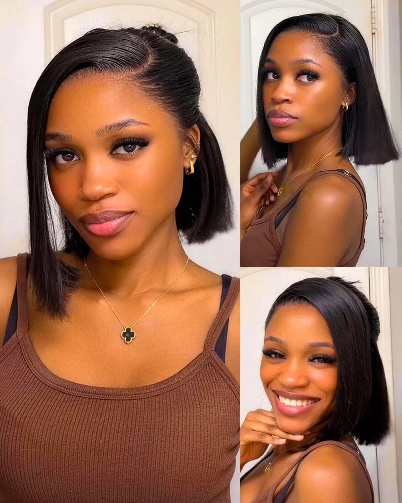 Ophirawig 13x5 Lace Glueless Straight Bob Wig With Pre-Cut Lace Invisible Knots Natural Black Virgin Hair Wig