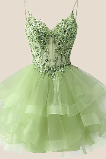 Spaghetti Straps Lilac Appliques Tiered Short Dress