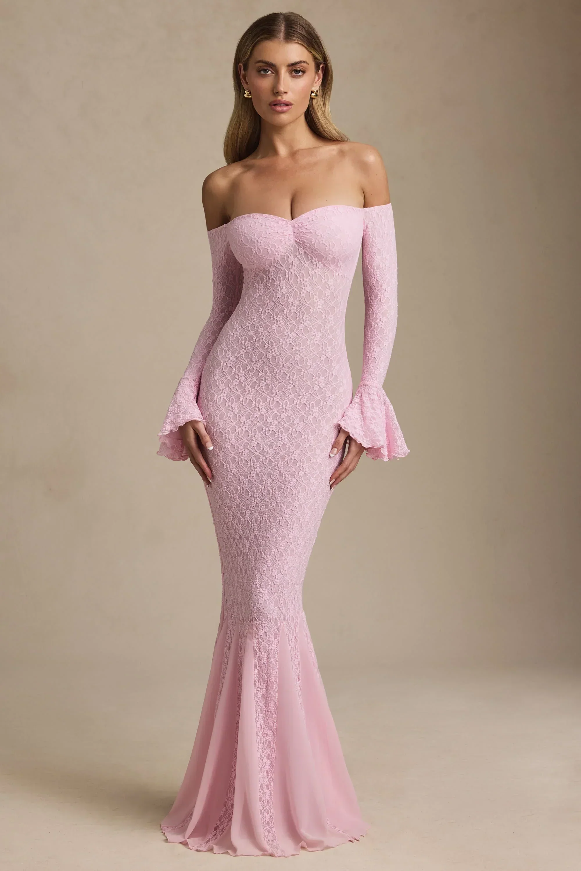 Off-Shoulder Ruffle Lace Maxi Dress in Soft Pink