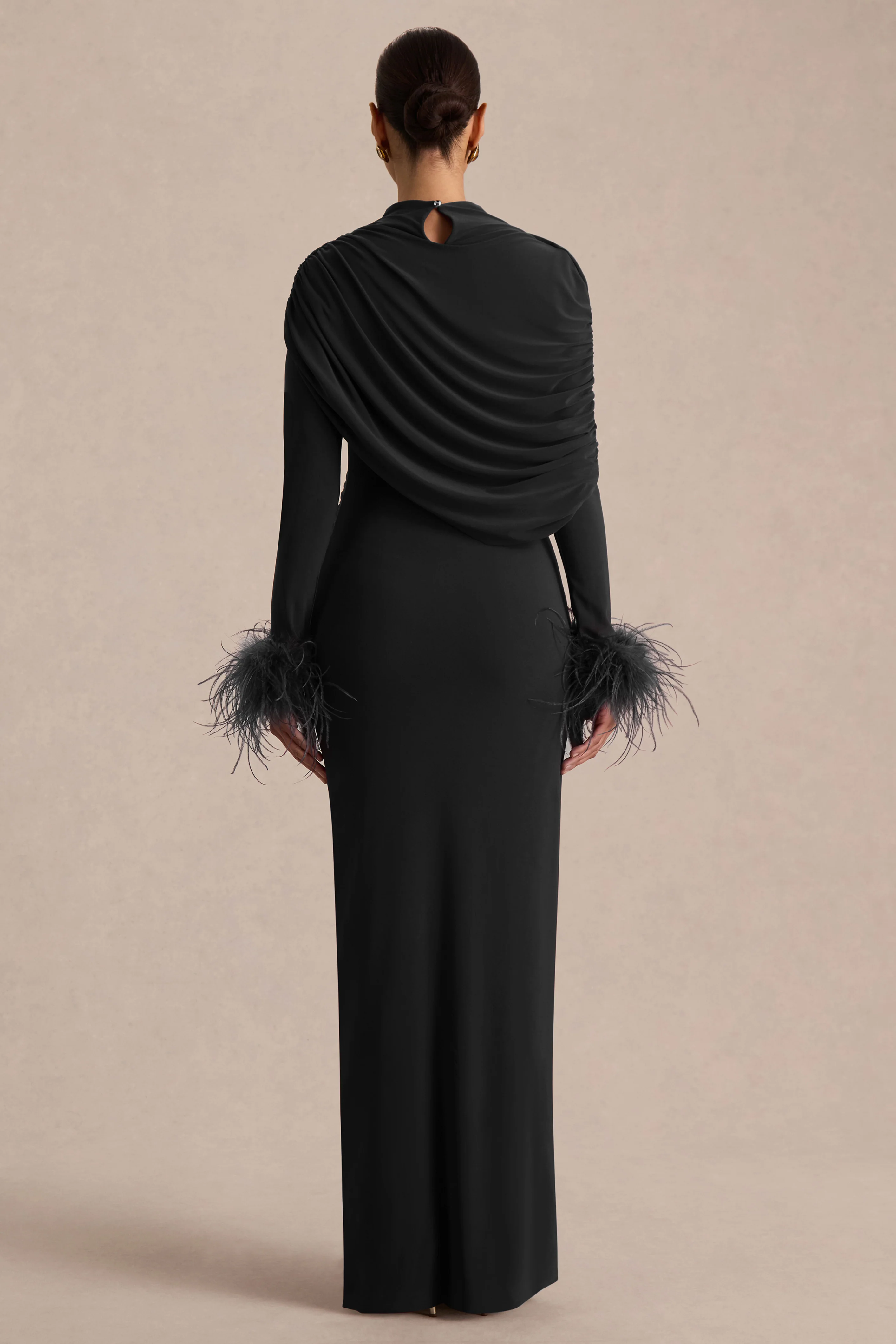 Gatsby | Black High-Neck Maxi Dress With Feather Trim Cuffs
