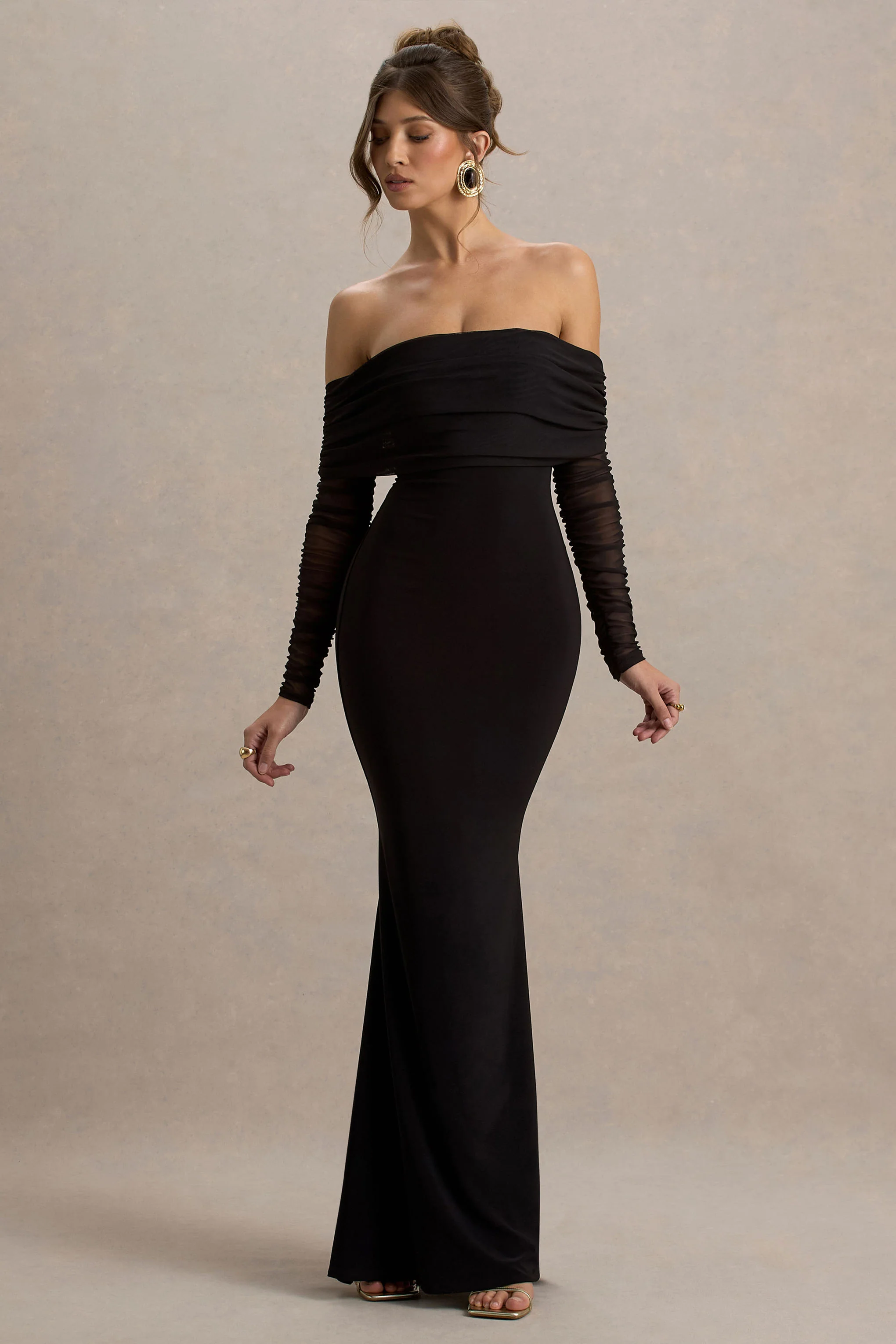 Madeleine | Black Fishtail Maxi Dress With Bardot Mesh Long Sleeves