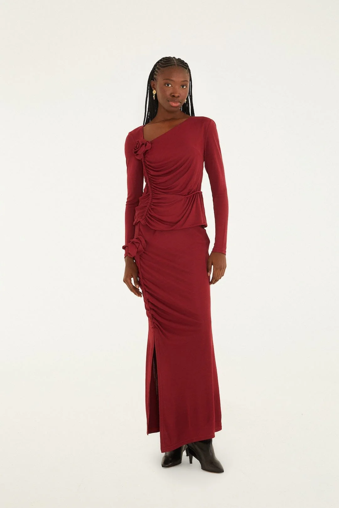 Burgundy 3d Flower Draped Side Slit Maxi Skirt
