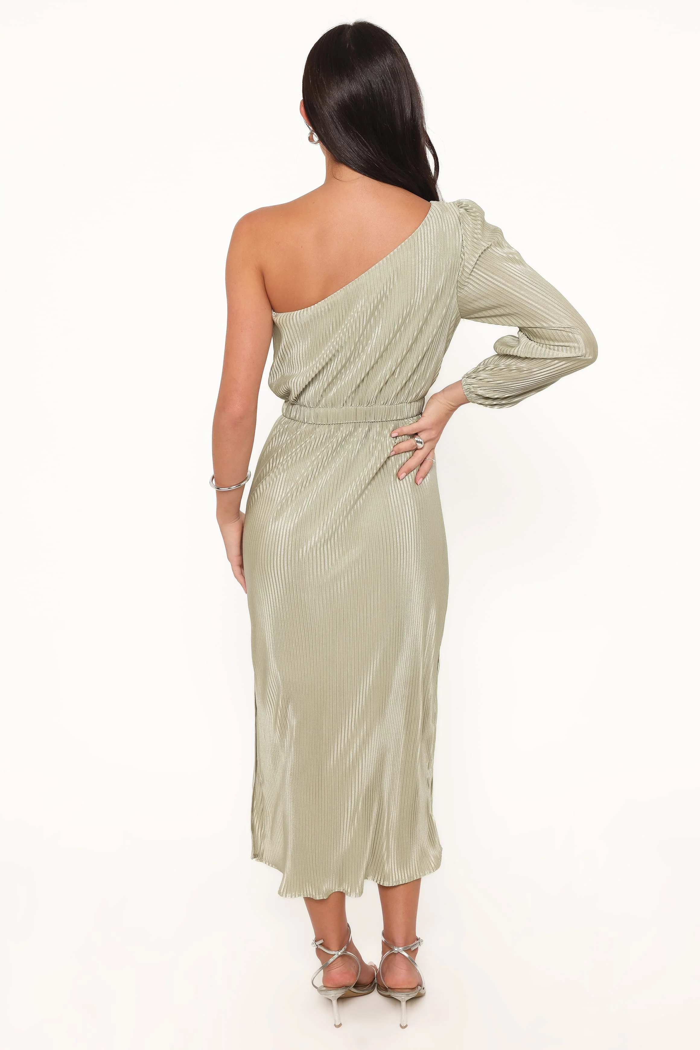 Pontee One Shoulder Pleated Midi Dress - Sage Green