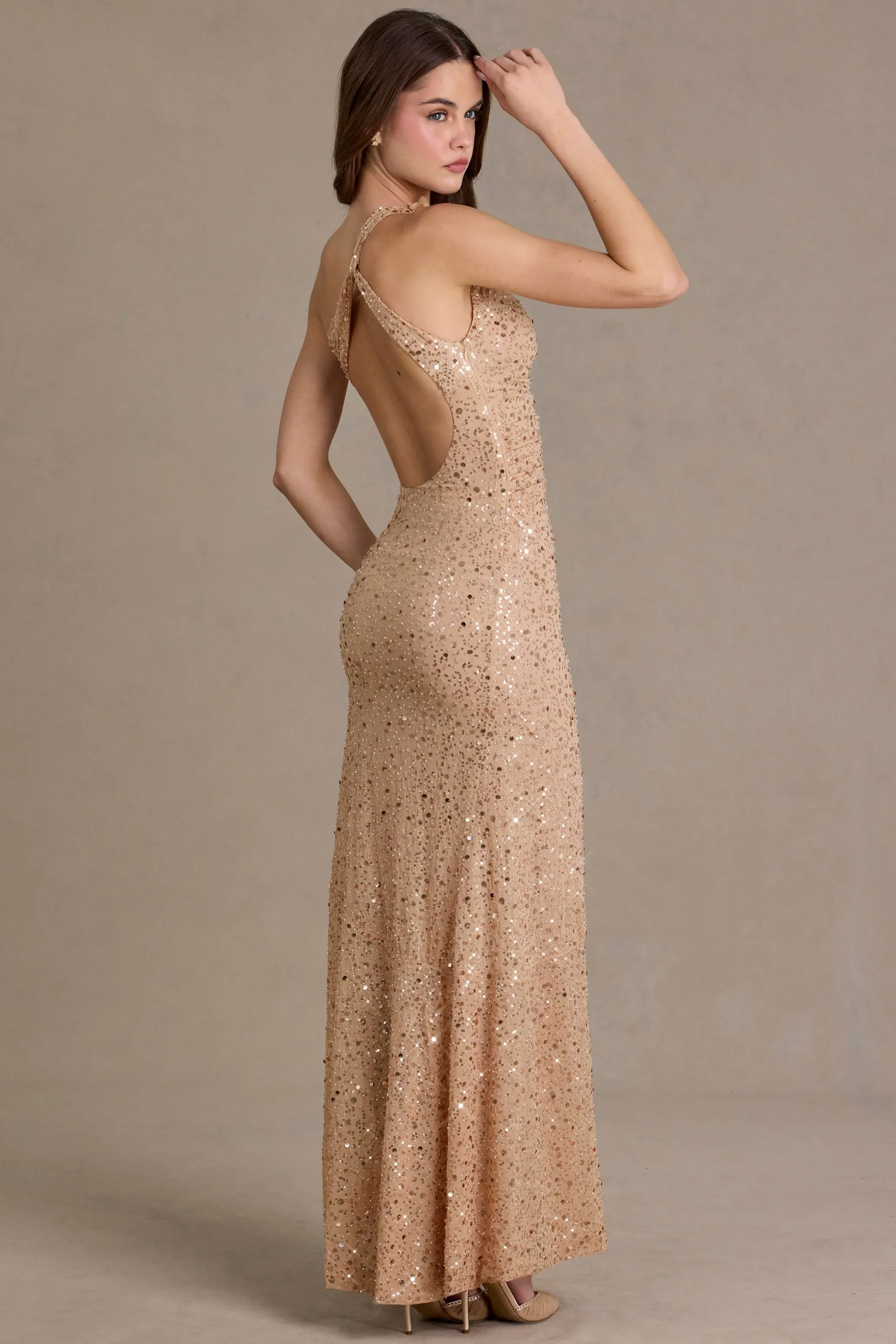 Embellished Asymmetric One-Shoulder Maxi Dress in Beige Gold