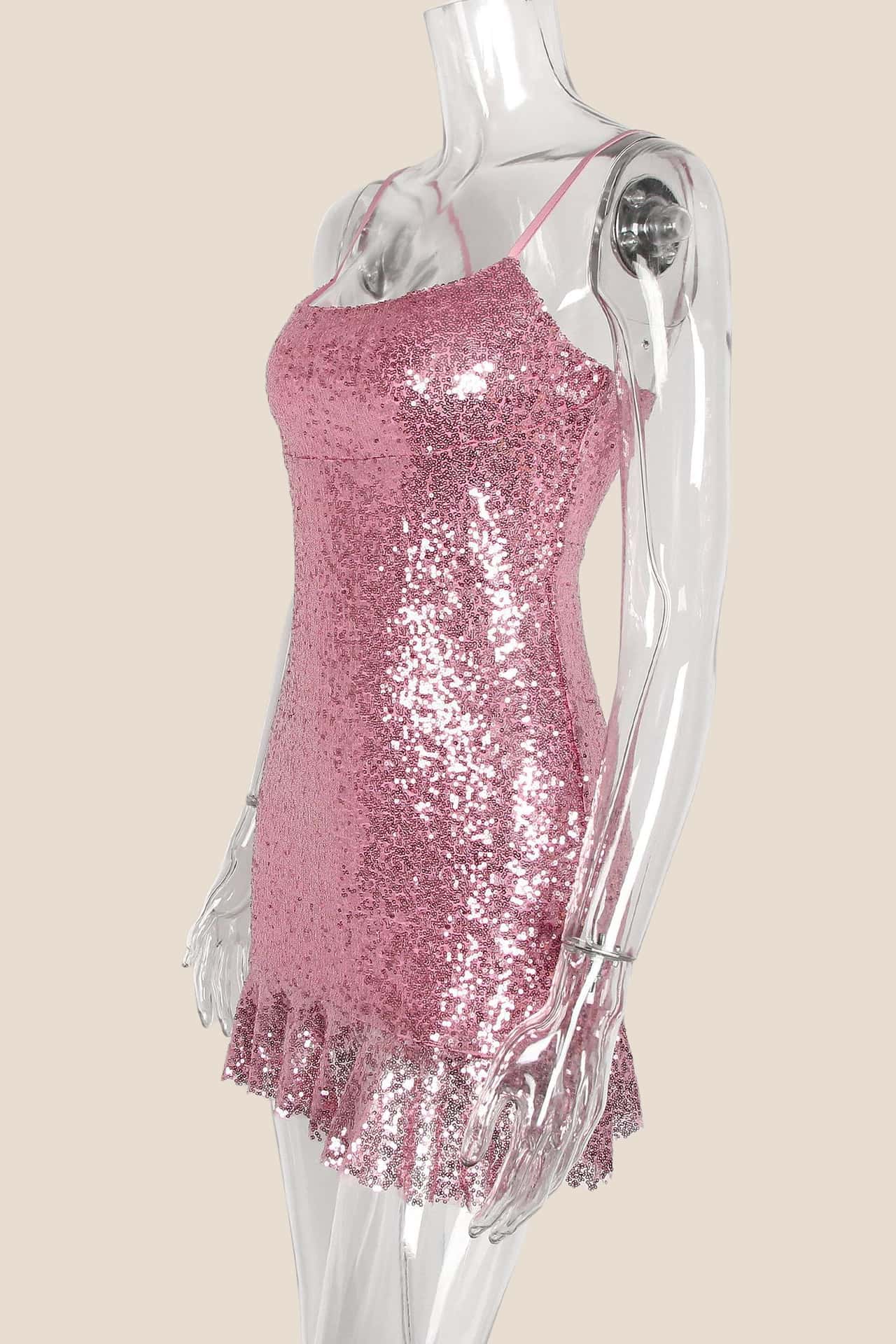 Pink Sequin Ruffle Hem Short Dress