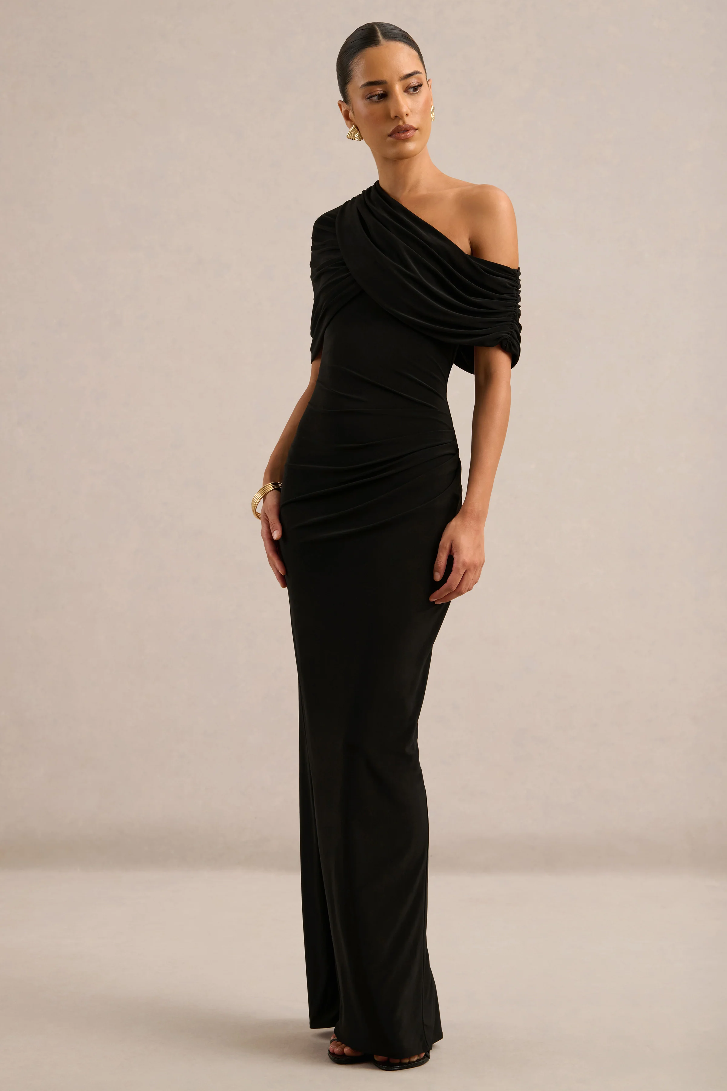 Solenne | Black Jersey One Shoulder Short Sleeve Maxi Dress With Ruching