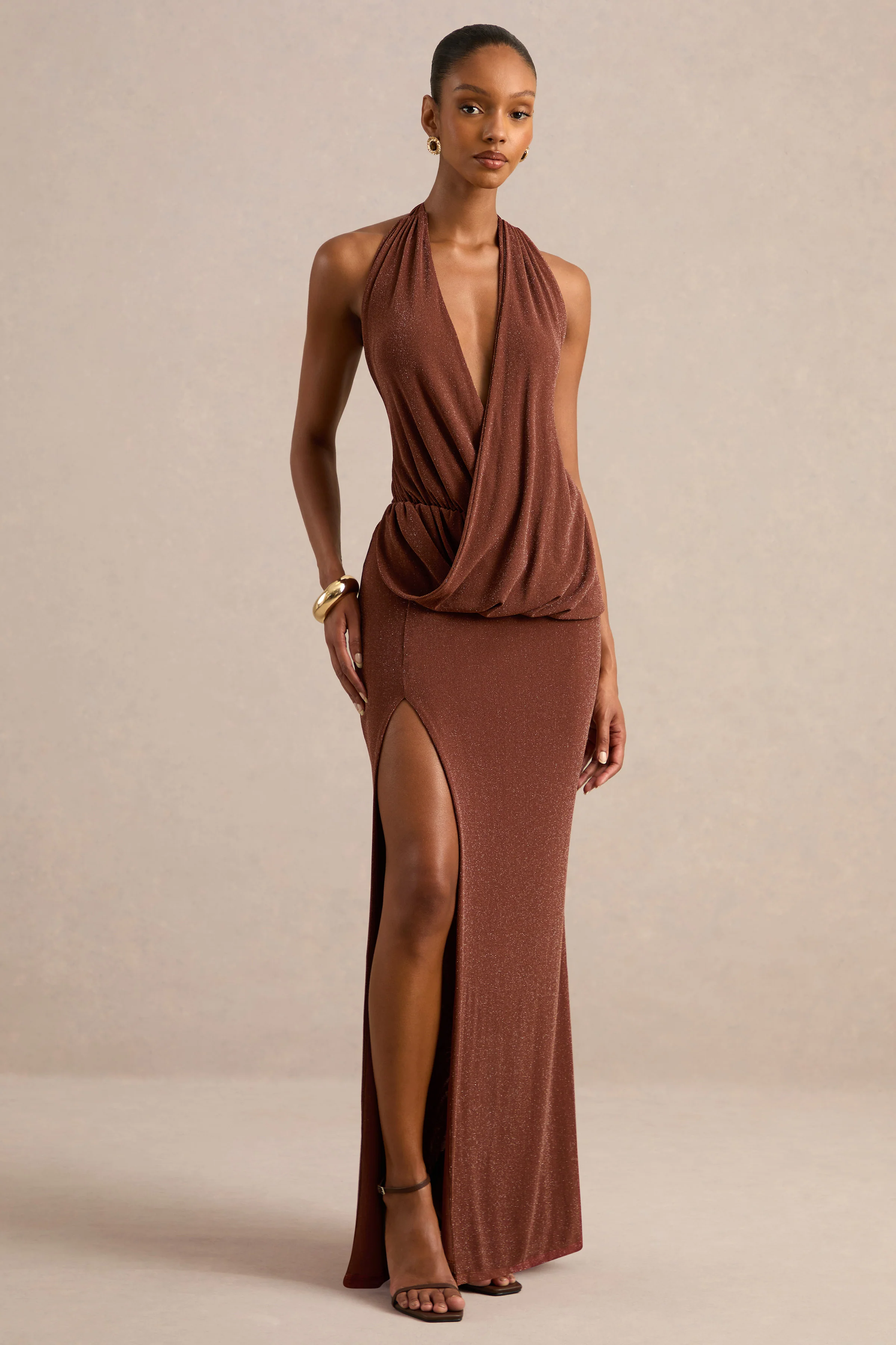 Velia | Brown Extreme Plunge-Neck Semi-Sheer Maxi Dress With Front High Split