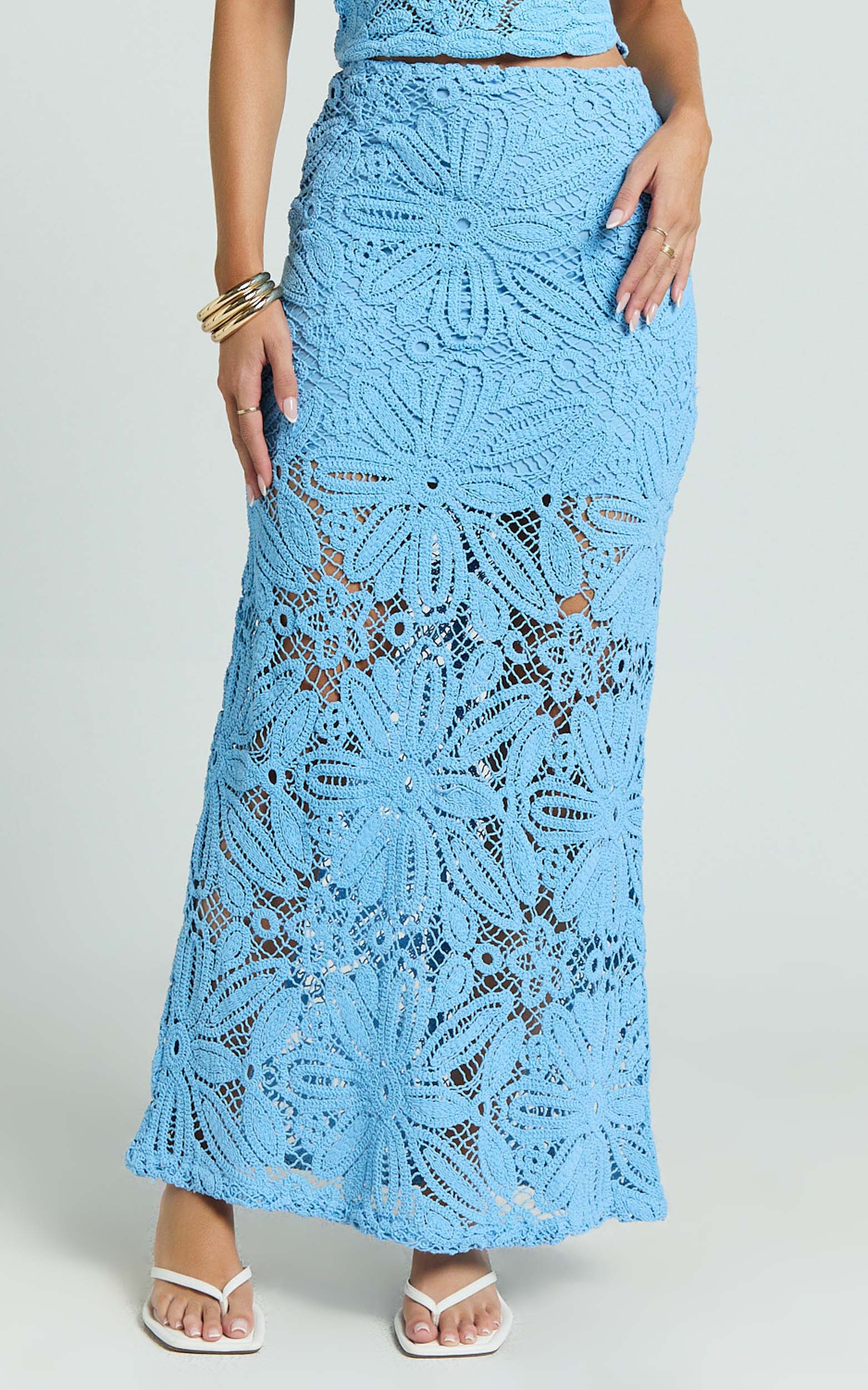 Charlene Maxi Skirt - Crochet Fit And Flare Skirt in Blue