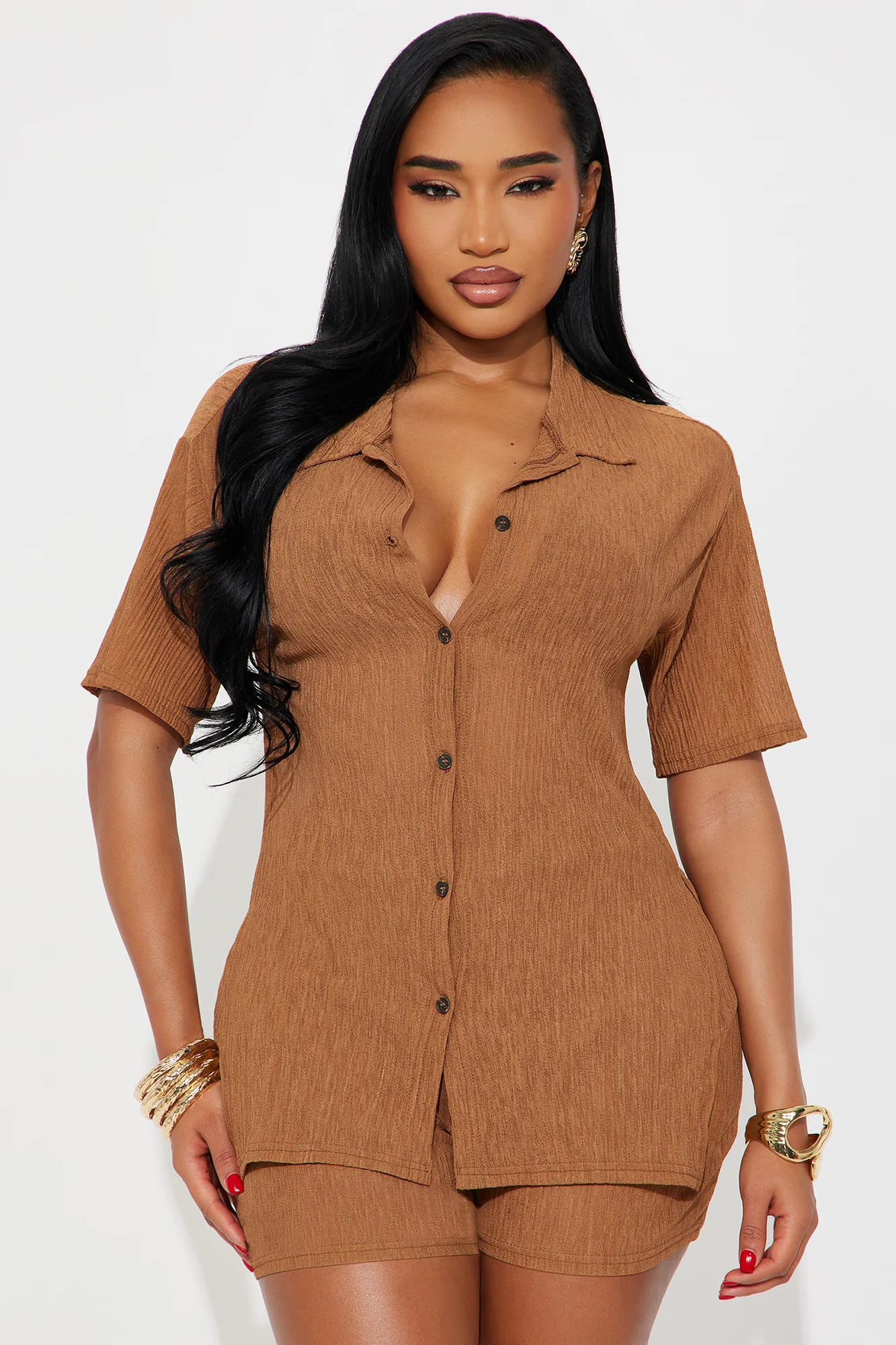 Summer Breeze Button Up Cover Up Shorts Set - Mocha