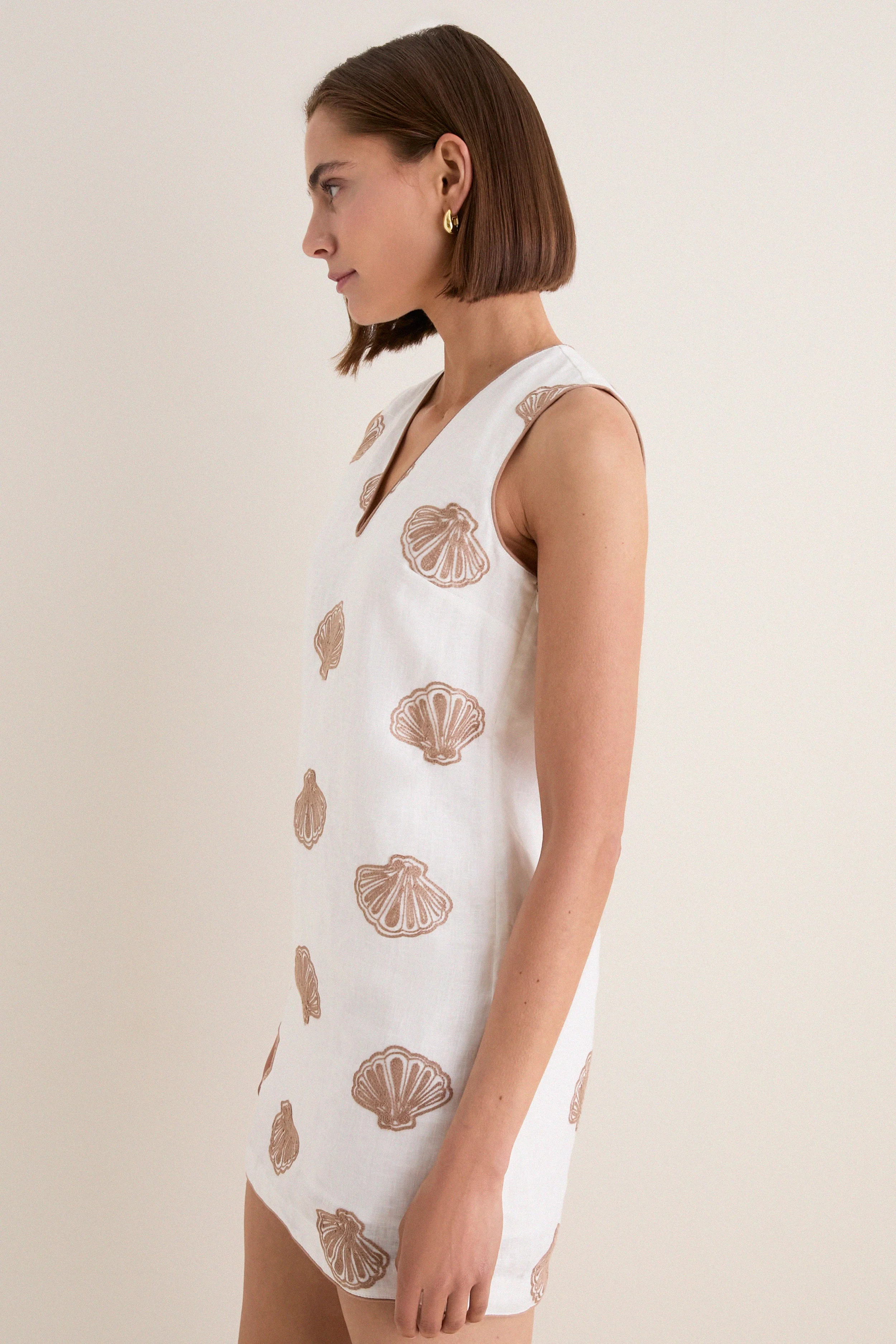 White & Tan Embroidered Seashell Manteo Mini Dress