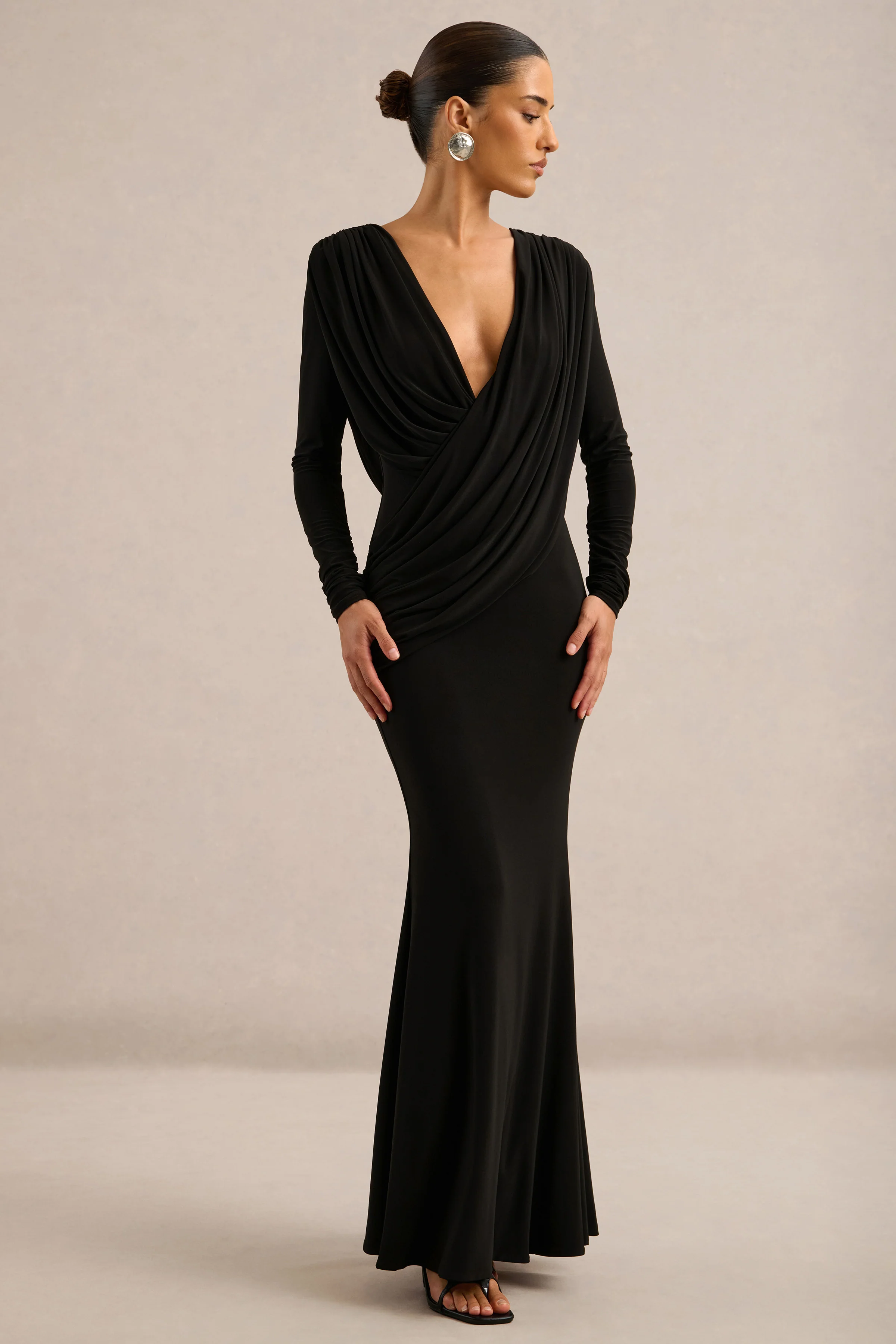 Azmina | Black Jersey Ruched V Neck Long Sleeve Maxi Dress With Draped Detailing And Low Back