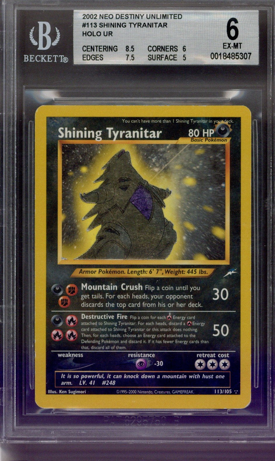 2002 Pokemon Neo Destiny Unlimited Shining Tyranitar Holo 113/105 BGS 6