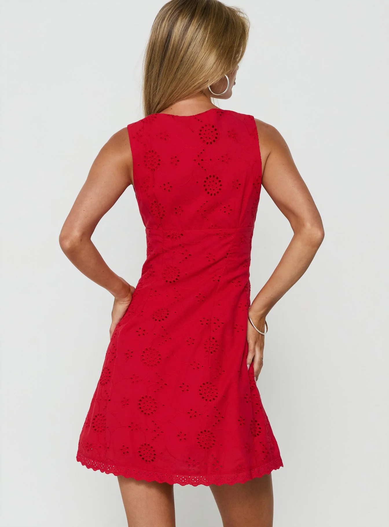 Gabbey Anglaise V Neck Mini Dress Tomato Red