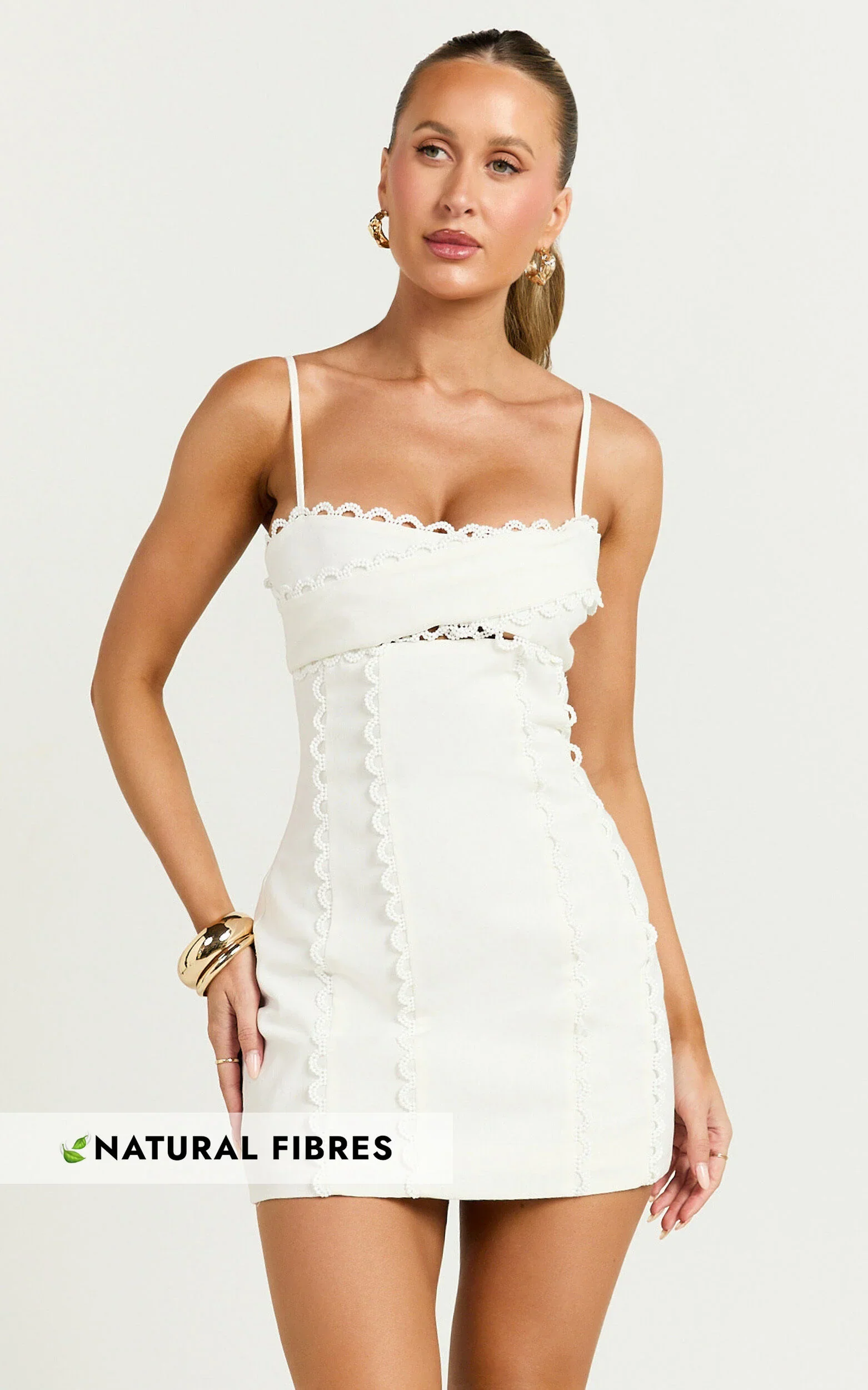 Gigi Mini Linen Dress - Sweetheart Tie Back Scallop Detail Dress in Off White