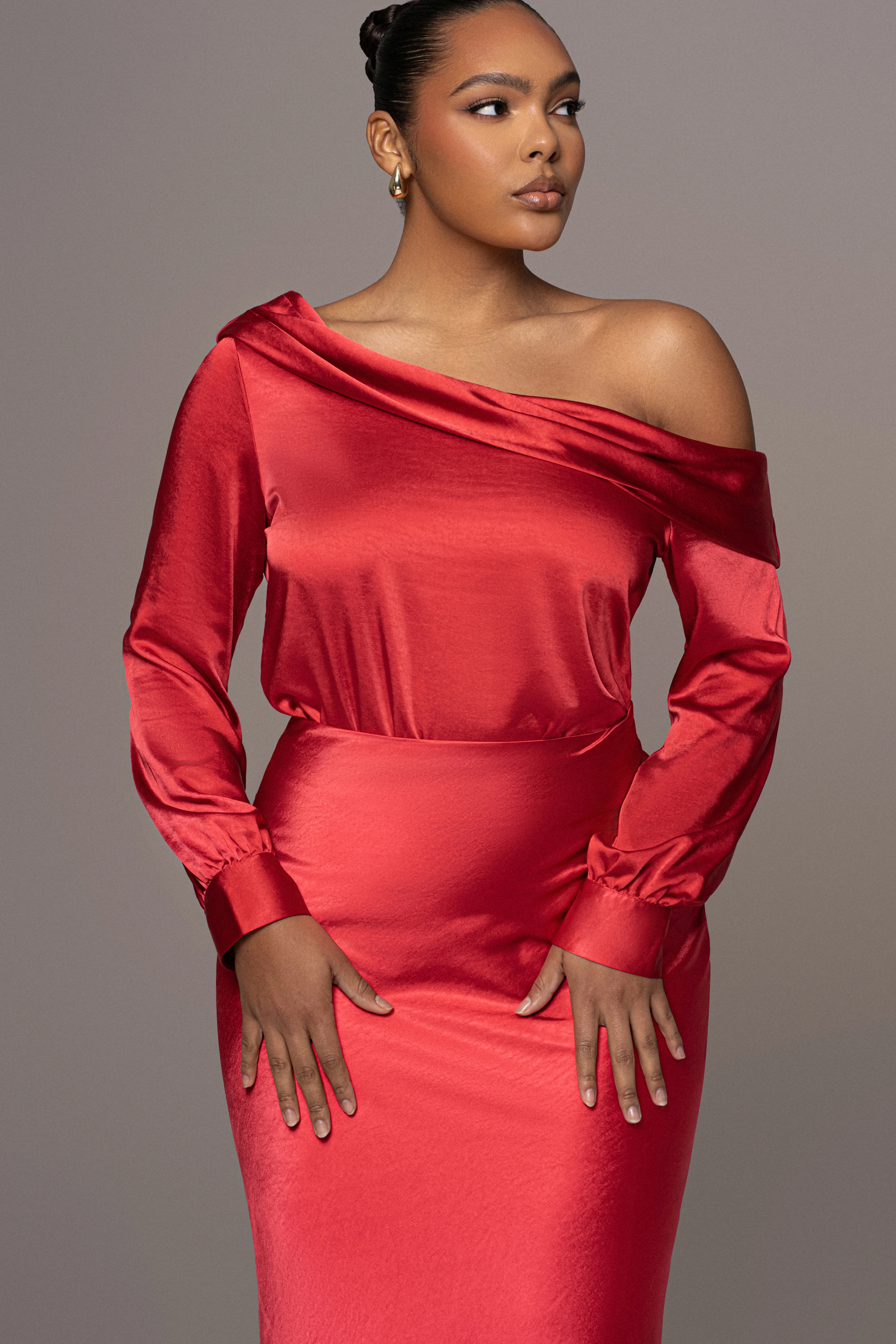 Red Satin Rima Asymmetrical Bodysuit