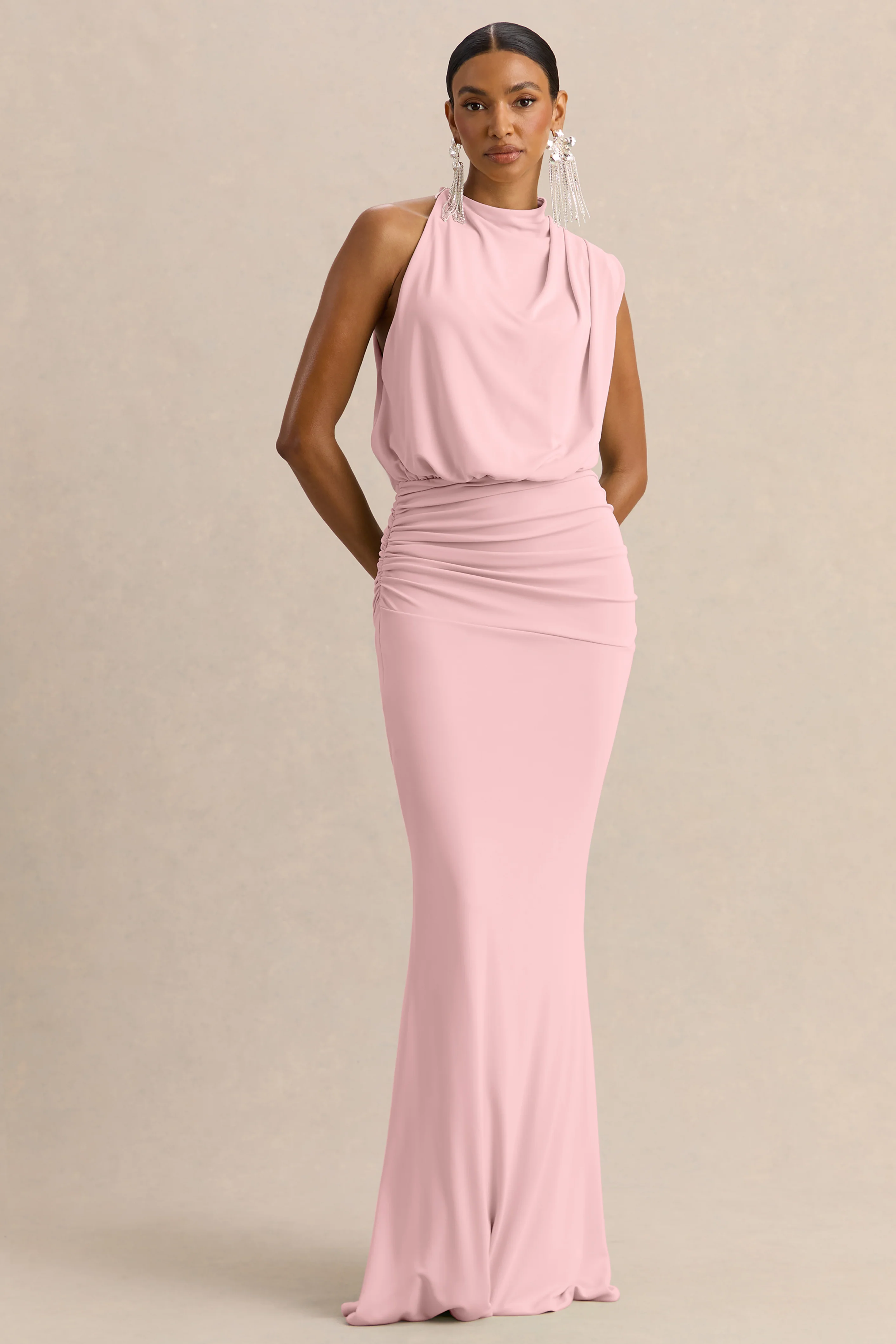 Umaira | Light Pink Ruched High Neck Maxi Dress With Draped Detailing