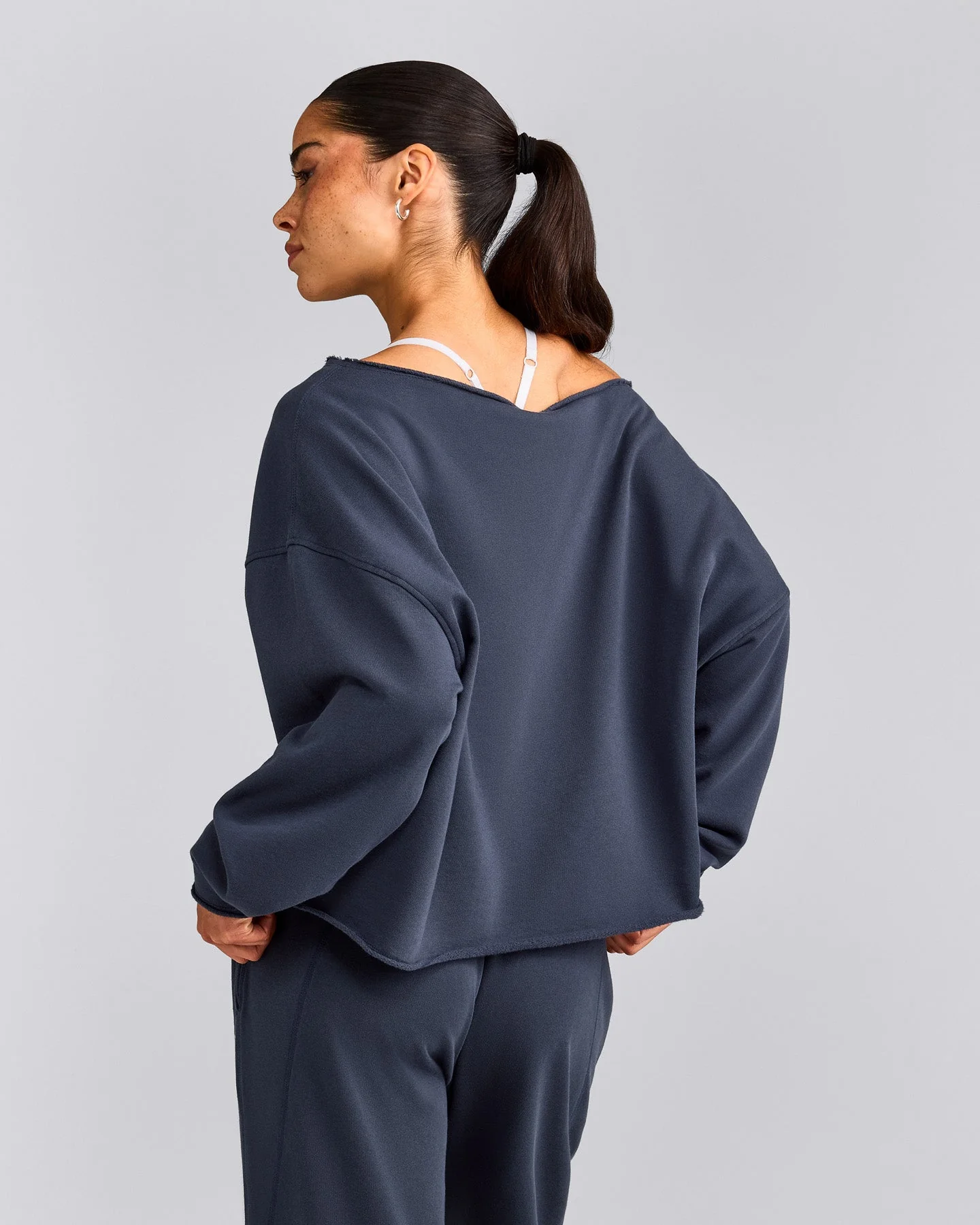 Cotton Vintage Lounge Off-The-Shoulder Sweatshirt | Washed True Blue