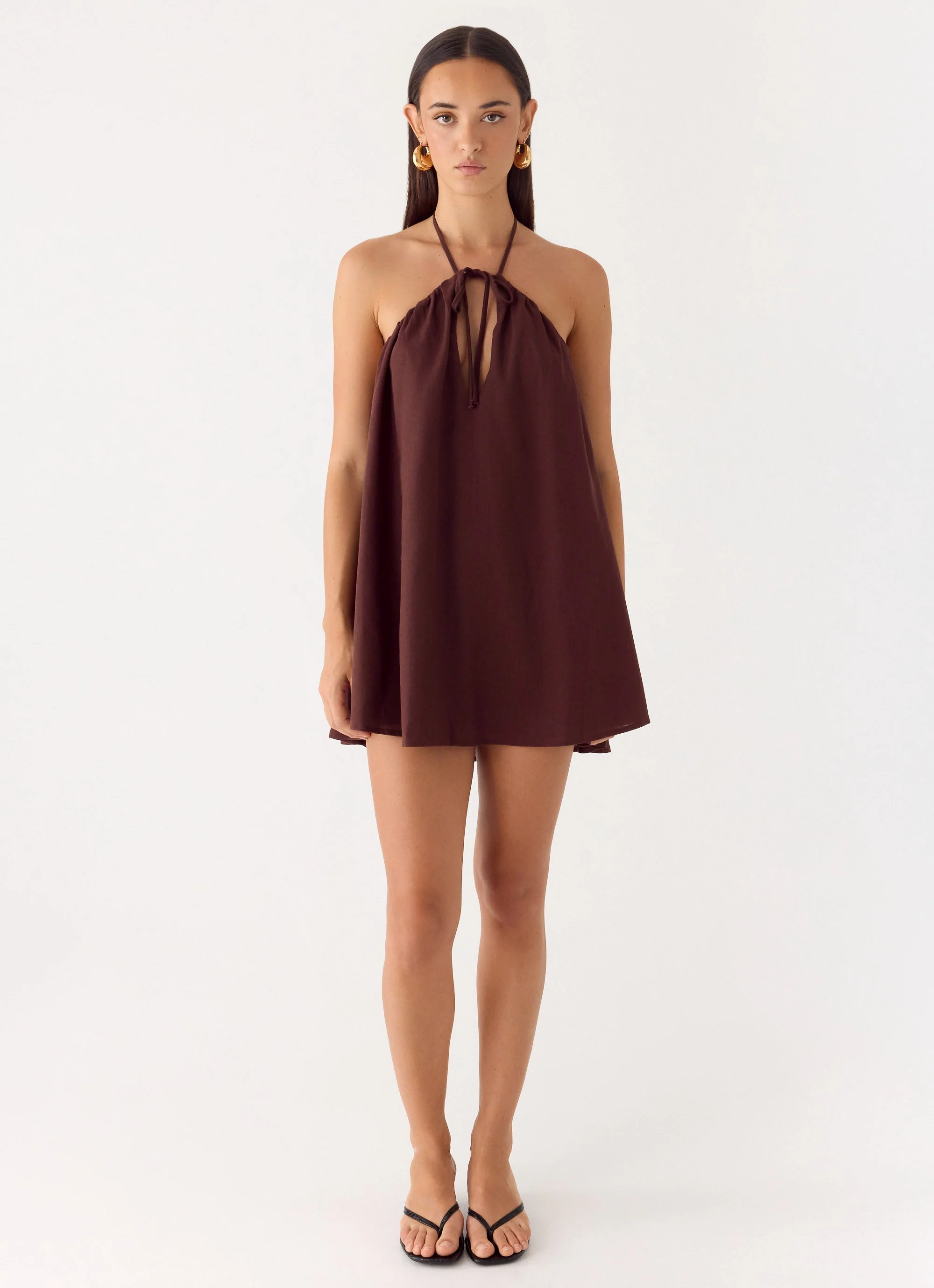 Soft Breeze Linen Mini Dress - Chocolate