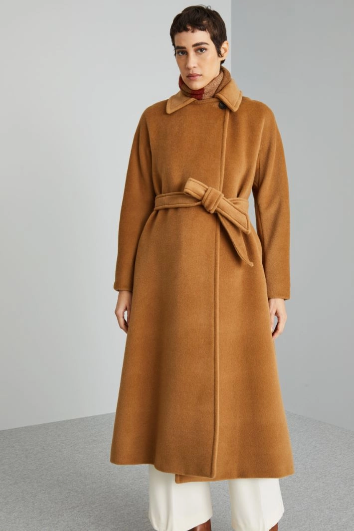 Coat in wool beaver with belt - CAMEL