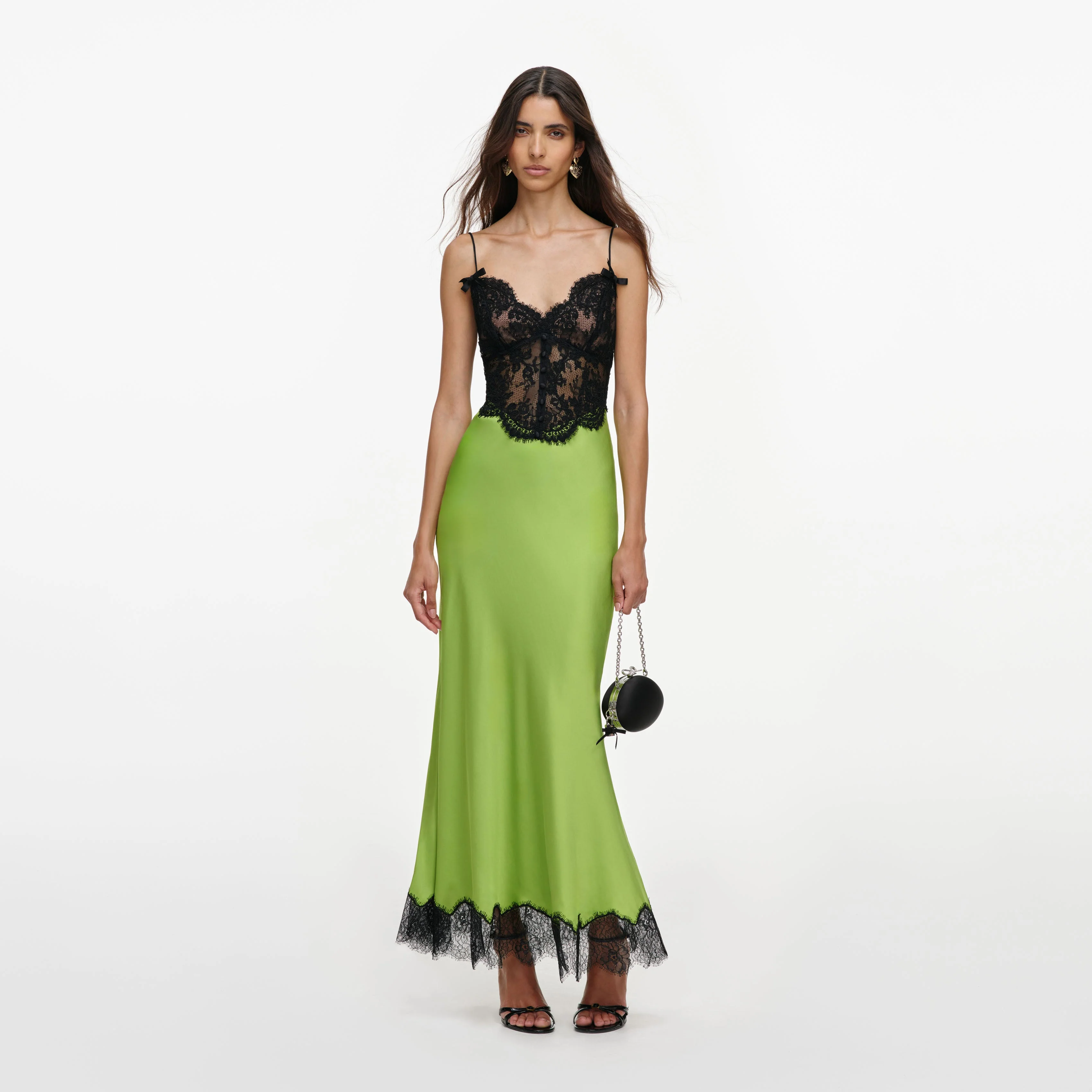 Green Satin Lace Midi Dress