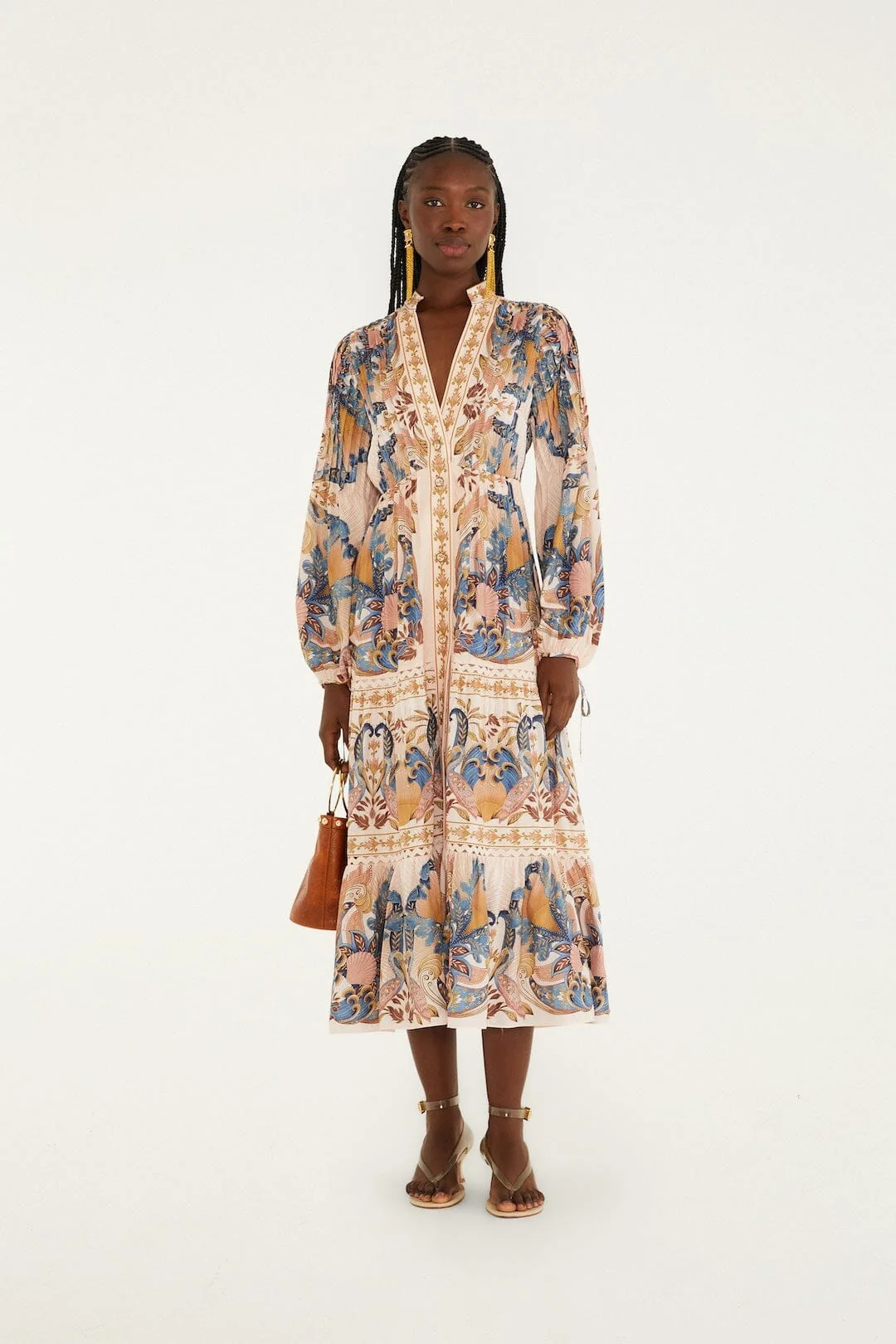 Soft Pink Sea Garden Scarf Pleated Midi Dress