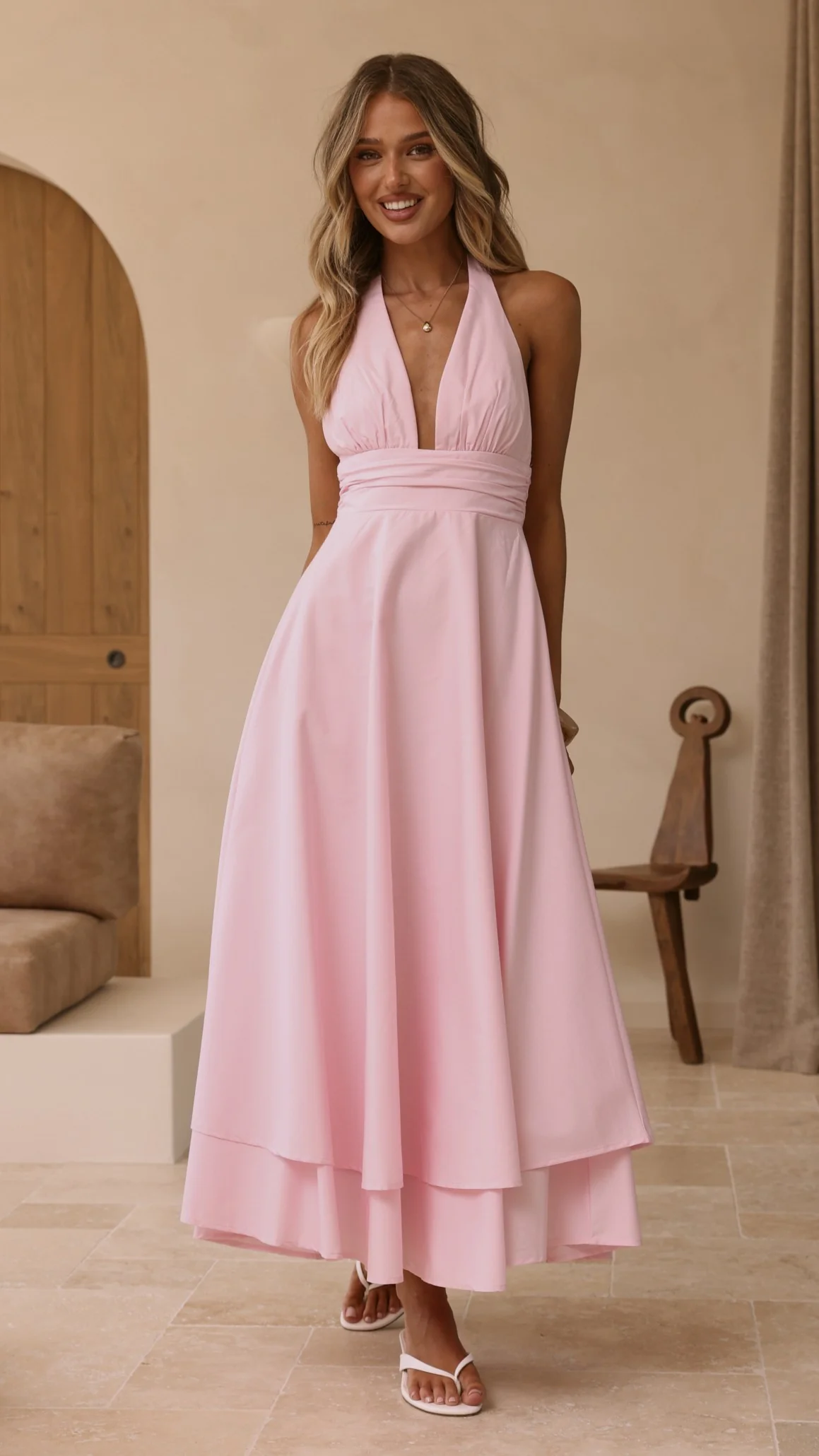 Kathy Halter Neck Maxi Dress - Light Pink
