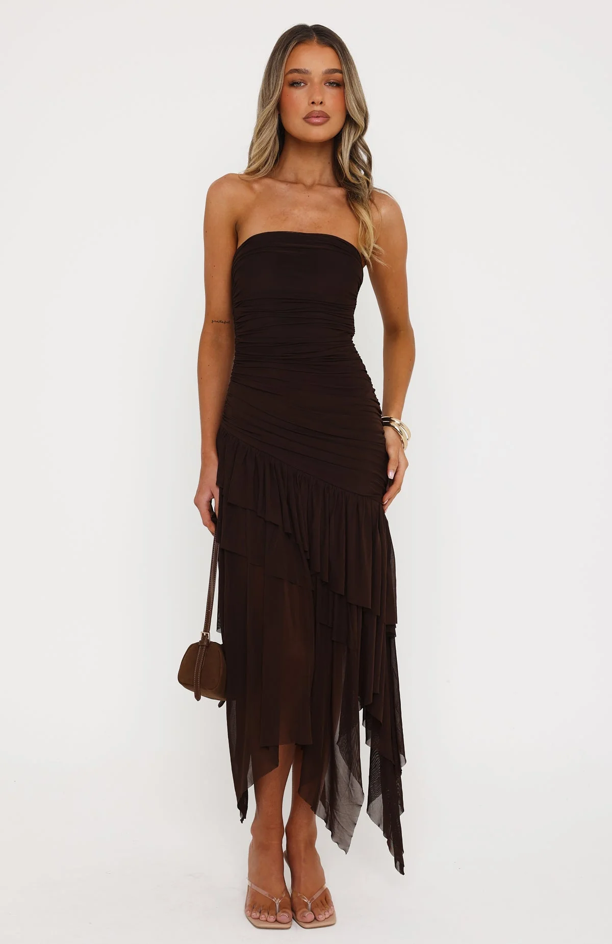 Venetian Dreams Strapless Midi Dress Chocolate