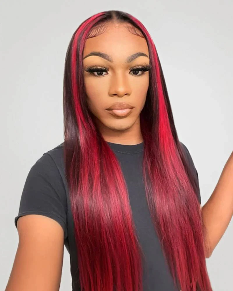 Ophirawig 13x4 Frontal Lace Red Highlight Straight Wig Invisible Knots Realistic Hairline