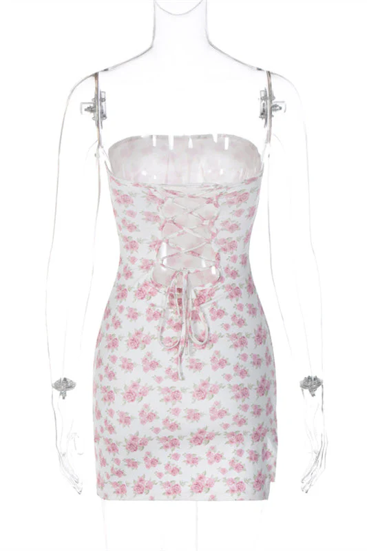 Strapless Pink Floral Print Bodycon Short Dress