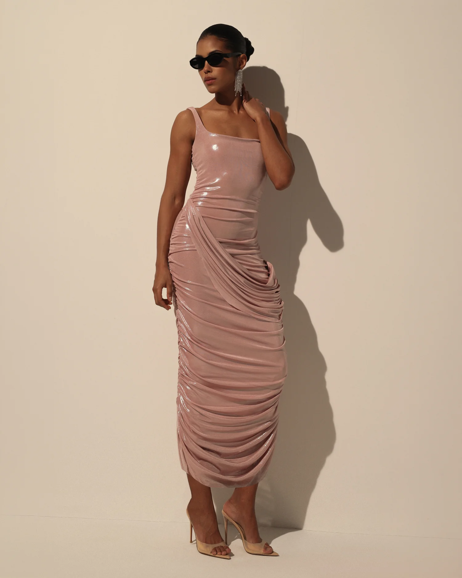 Draped Midi Dress with Metallic Sheen