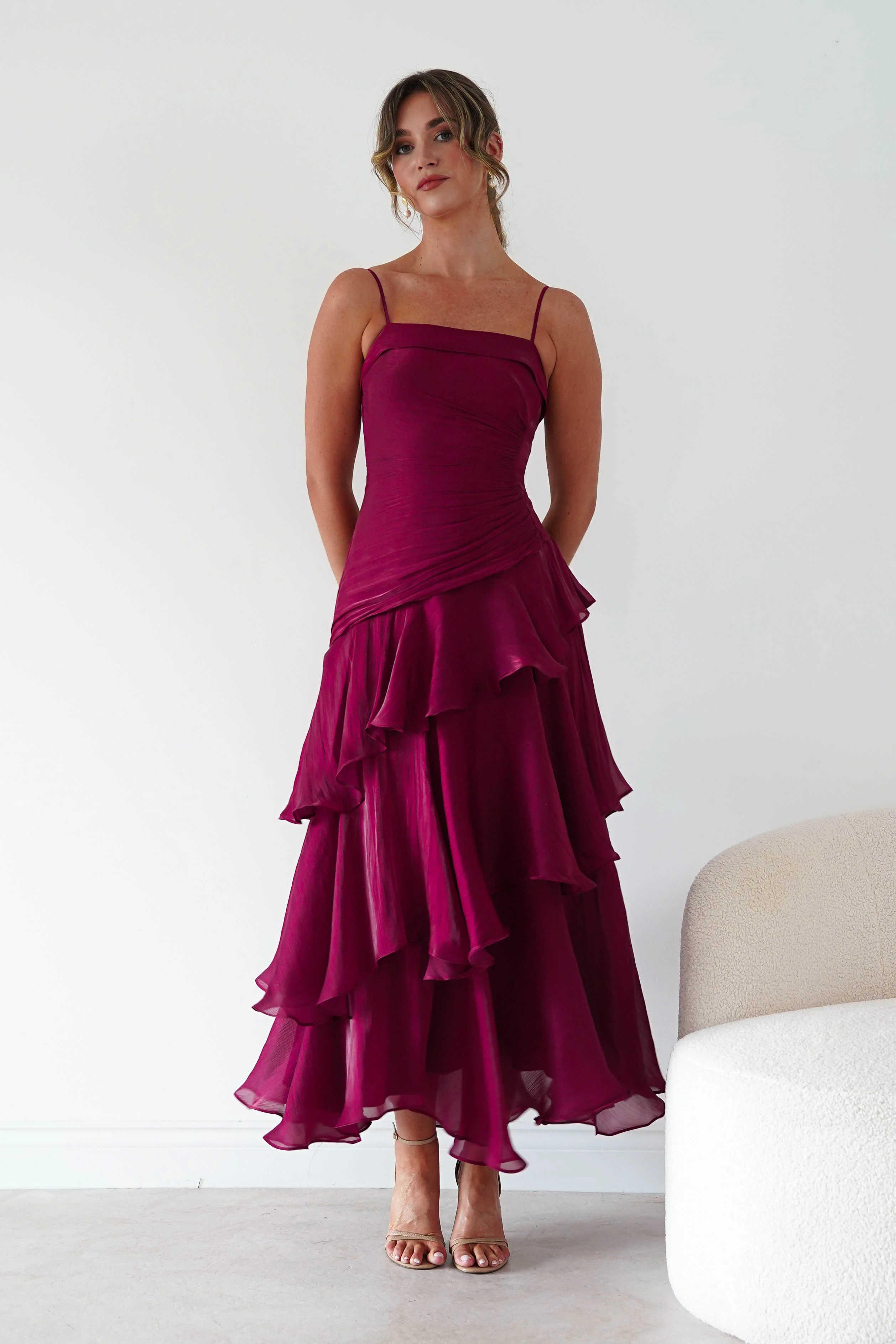 Renee Luminescent Ruffle Maxi Dress | Wine