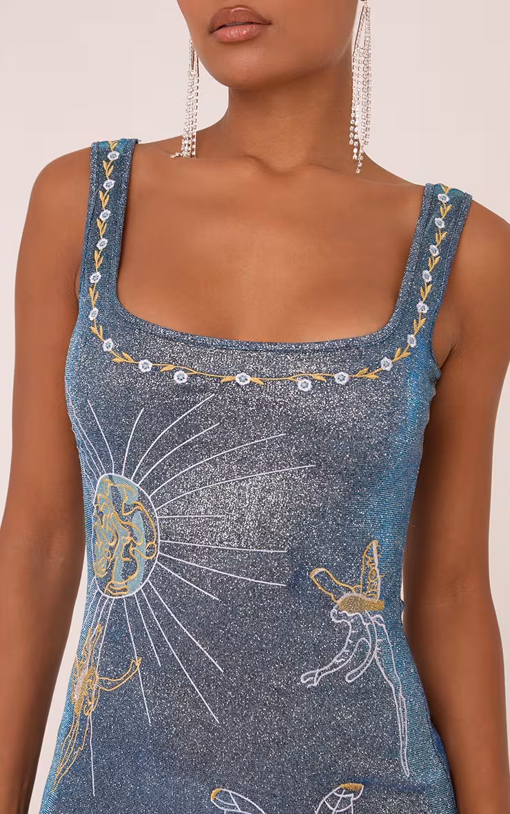 Square Neck Midnight Graphic Print Mini Bodycon Dress In Blue Glitter