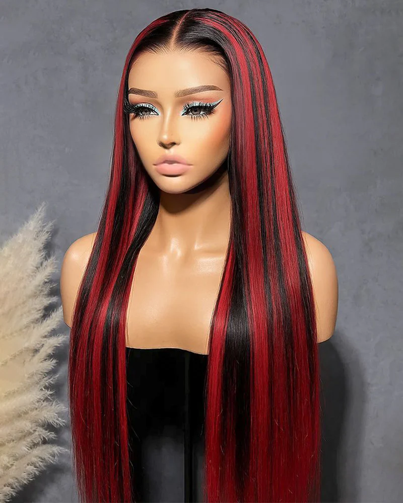 Ophirawig 13x4 Frontal Lace Red Highlight Straight Wig Invisible Knots Realistic Hairline