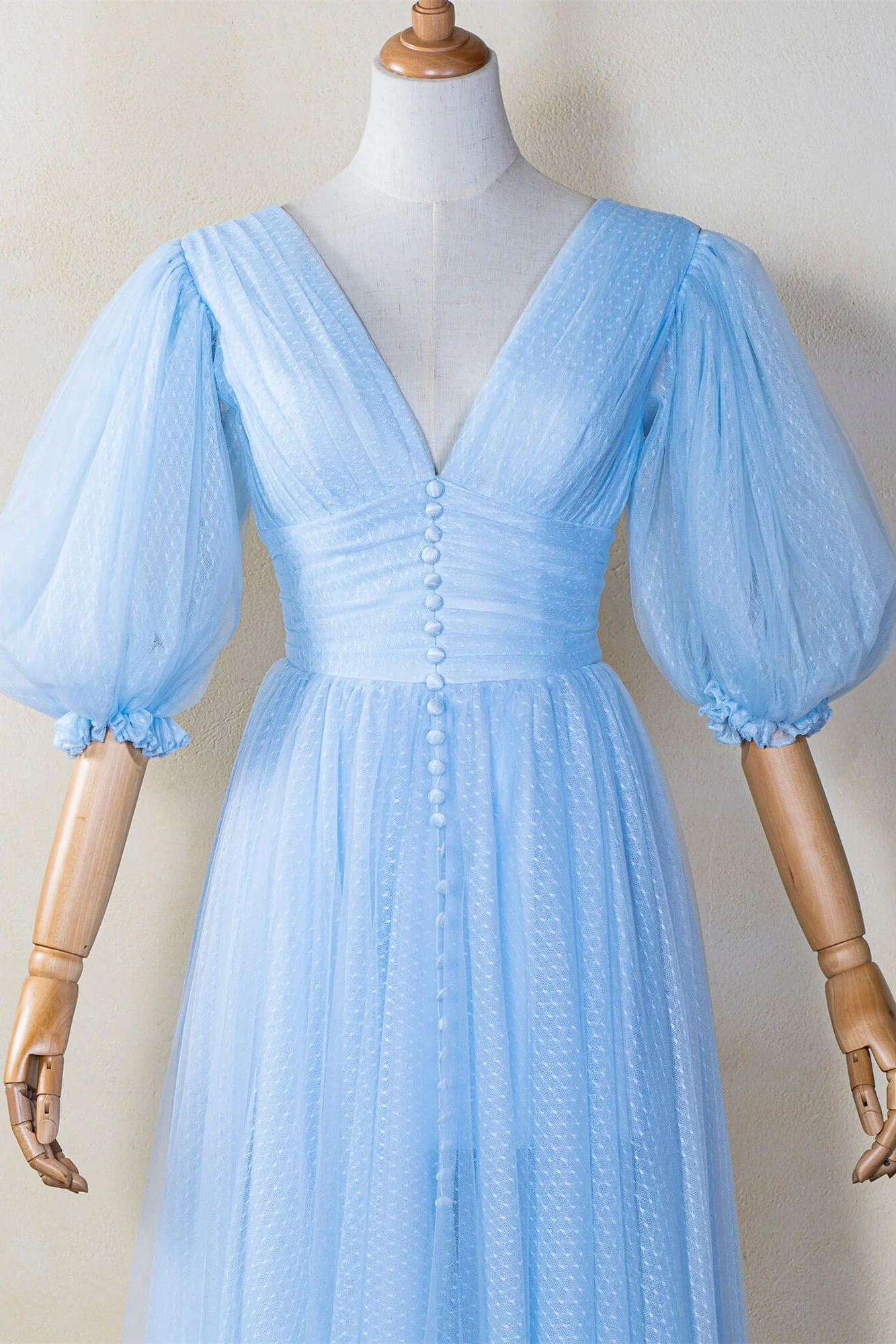 Puffy Sleeves Blue Empire Tea Length Dress