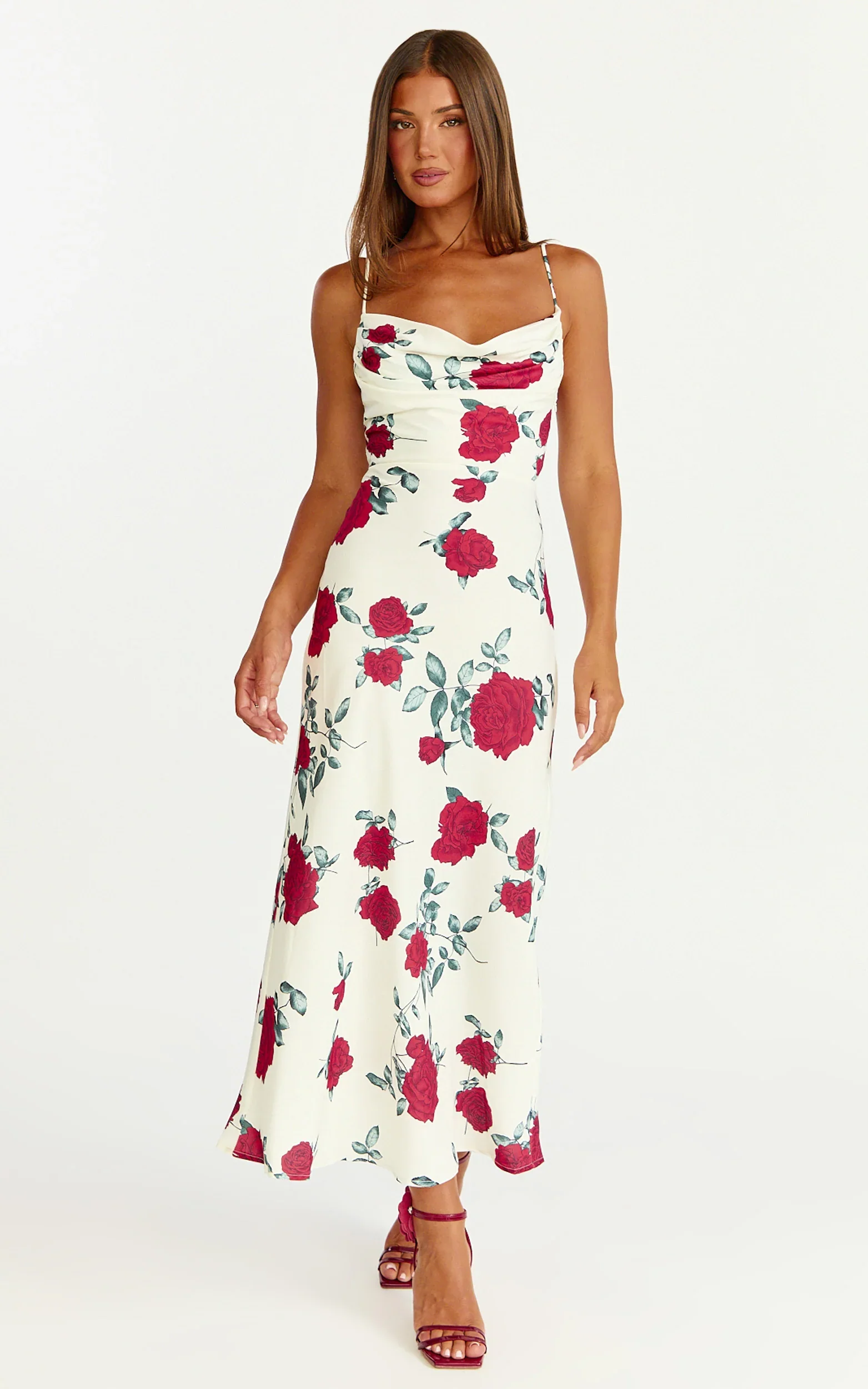 Dahlia Midi Dress - Cowl Neck A Line Dress in Scarlet Rose Print