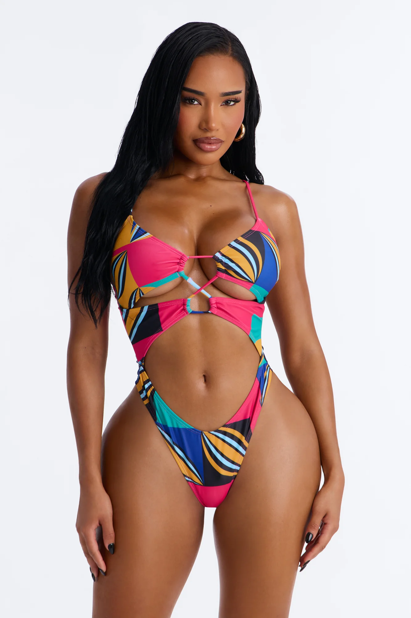 Leila Abstract Cut Out 1 Piece Swimsuit With Swim Cover Up Kimono - Multi Color