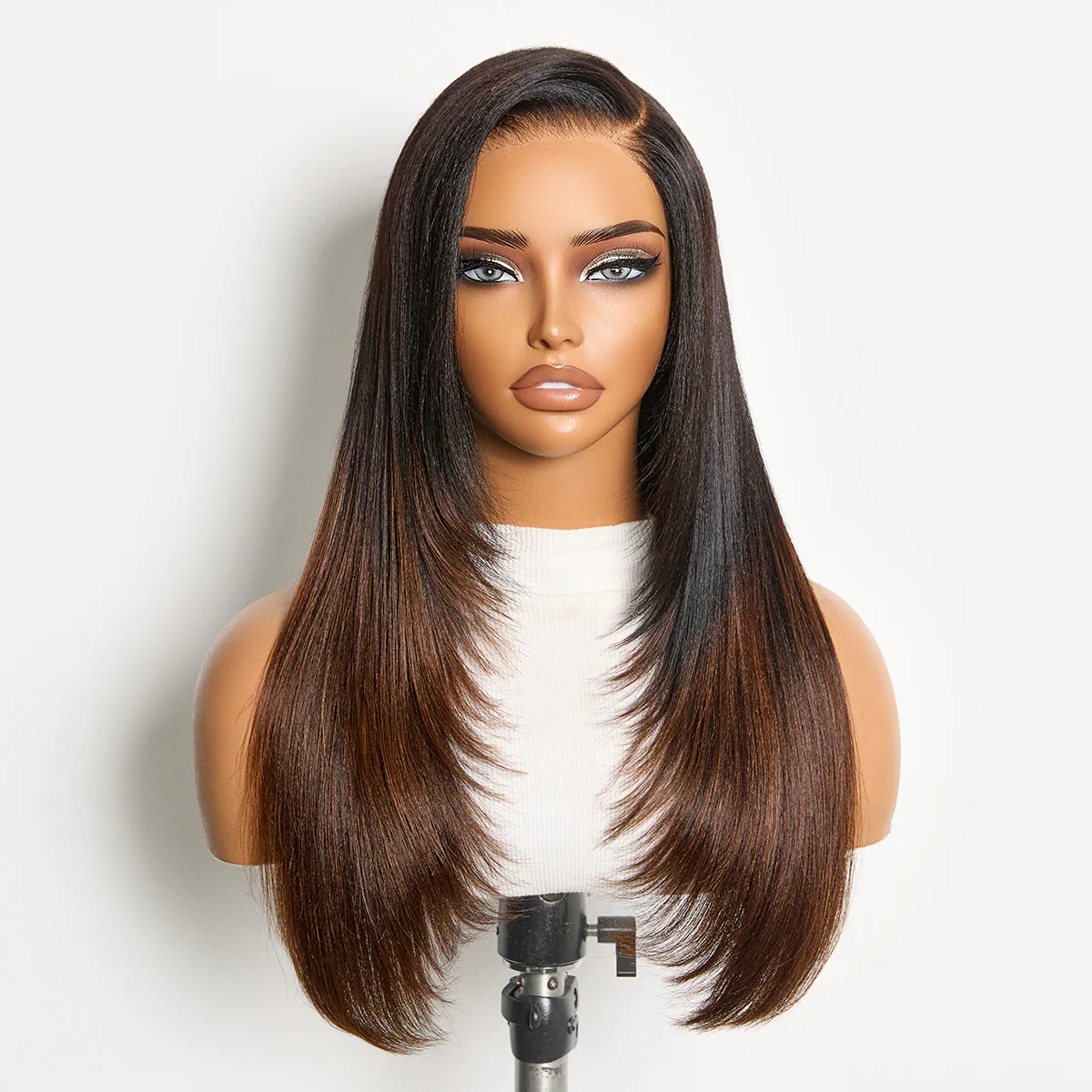 Luvme All-Day Comfort™ Wig 180% Density Ombre Brown Butterfly Cut Layered Light Yaki Straight Glueless 7x6 Closure HD Lace Human Hair Wig Pre-Cut Lace