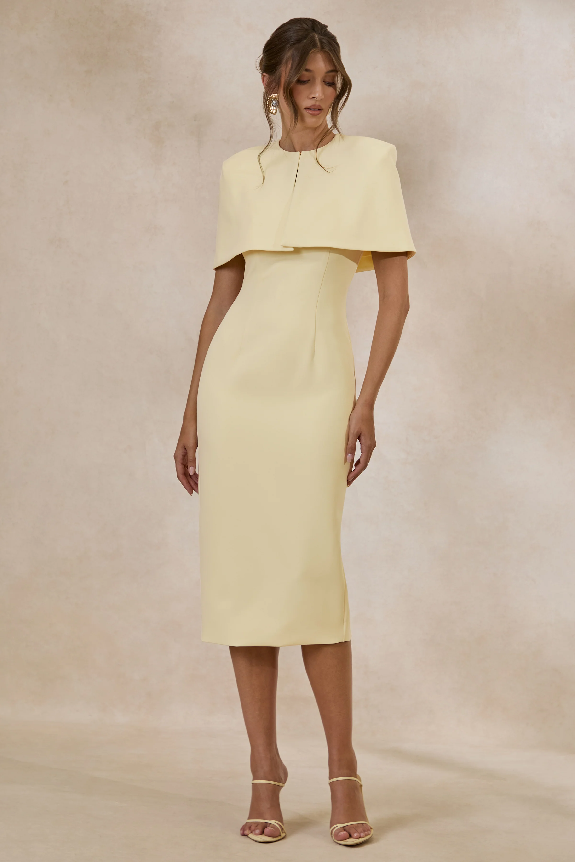 Celandia | Lemon Round Neck Midi Dress With Detachable Cape And Back Split
