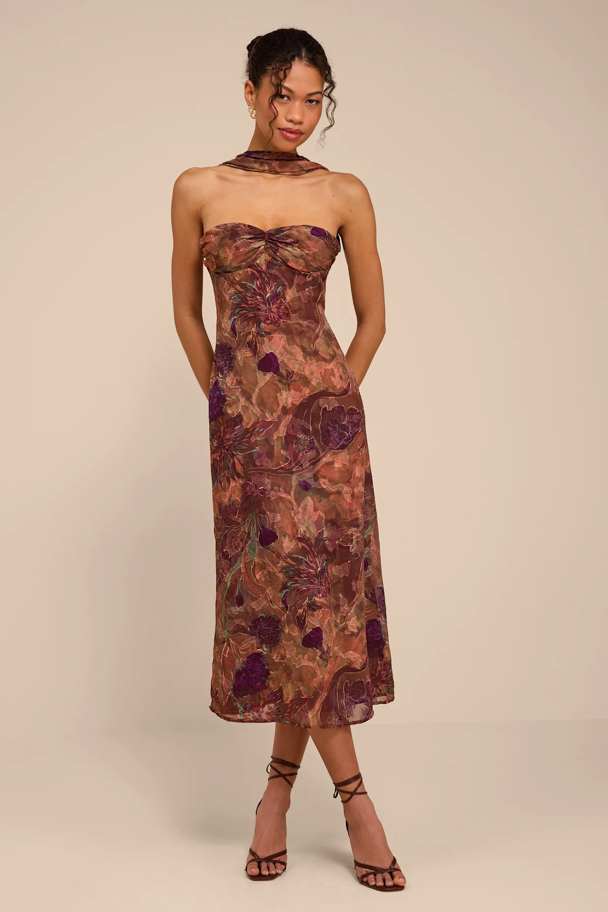 Aviva Brown Multi Jacquard Backless Scarf Midi Dress