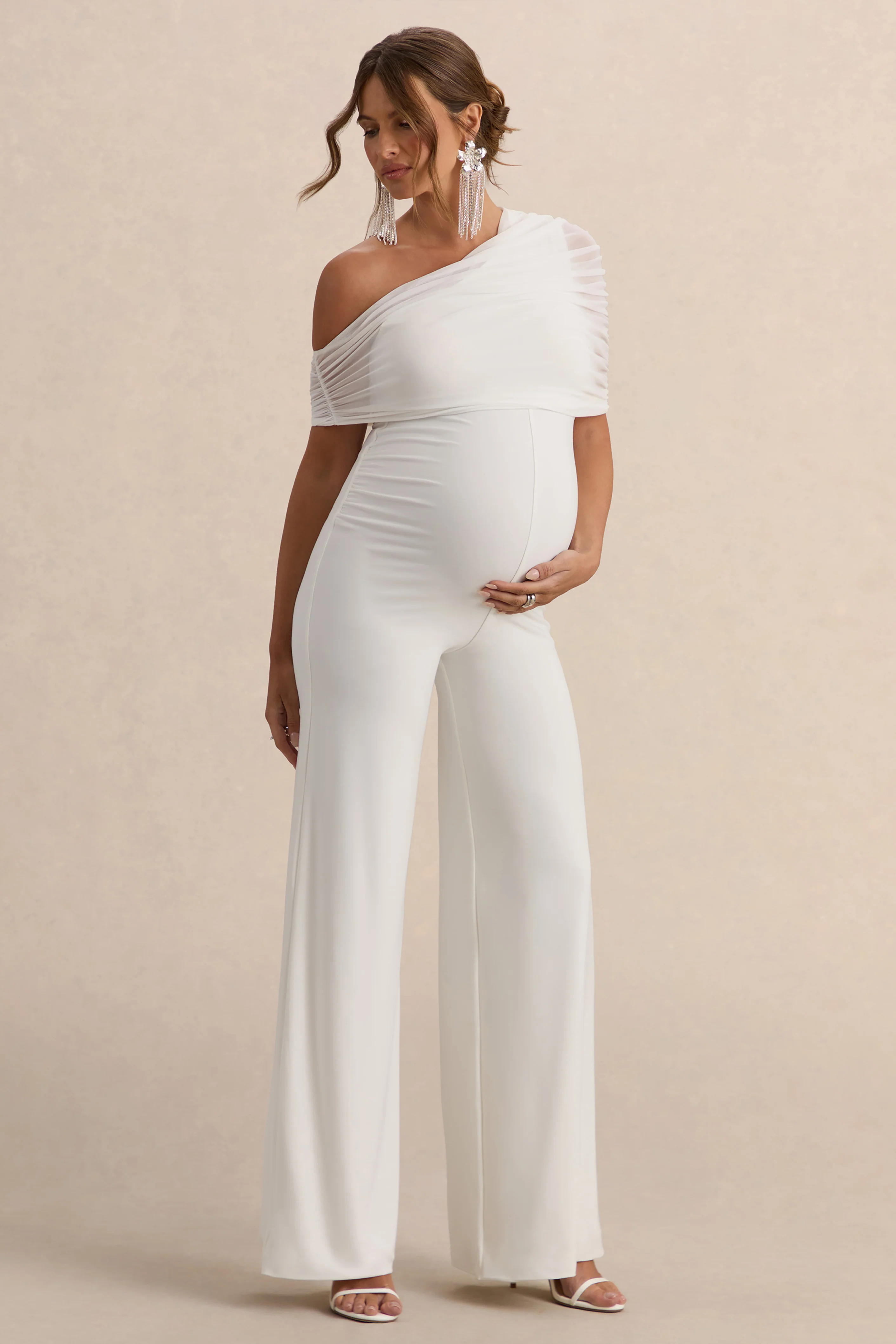 Mariska | White Asymmetric-Neck Maternity Jumpsuit